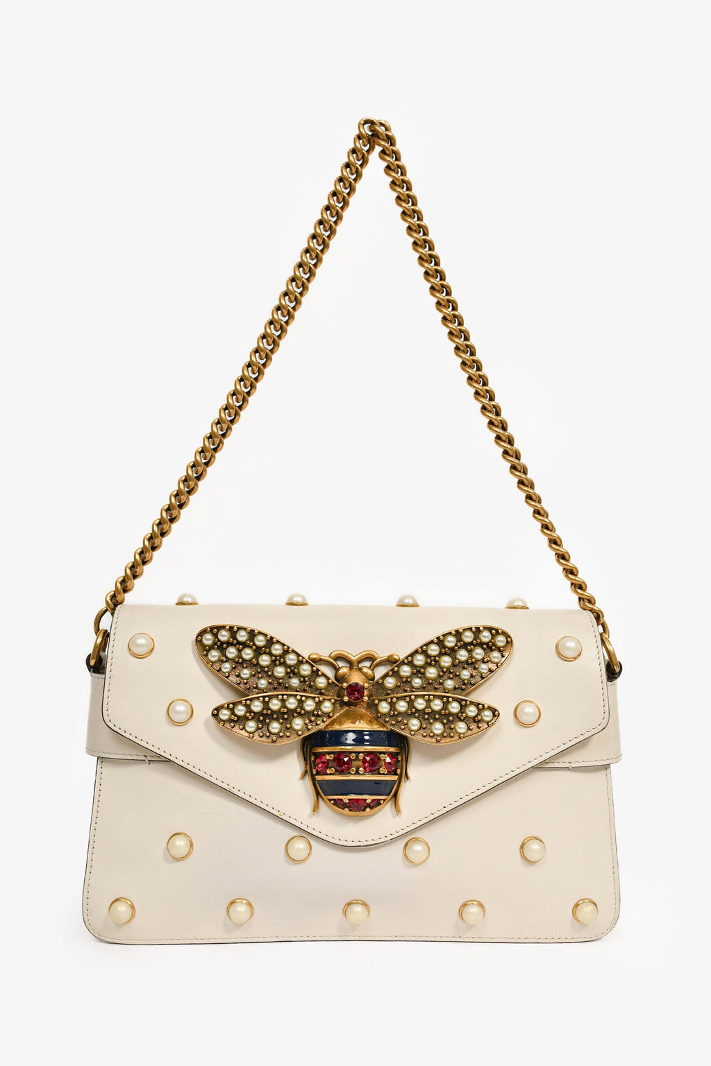 Gucci White Leather Pearl Studded Mini Broadway Bee Shoulder Bag with Web Strap