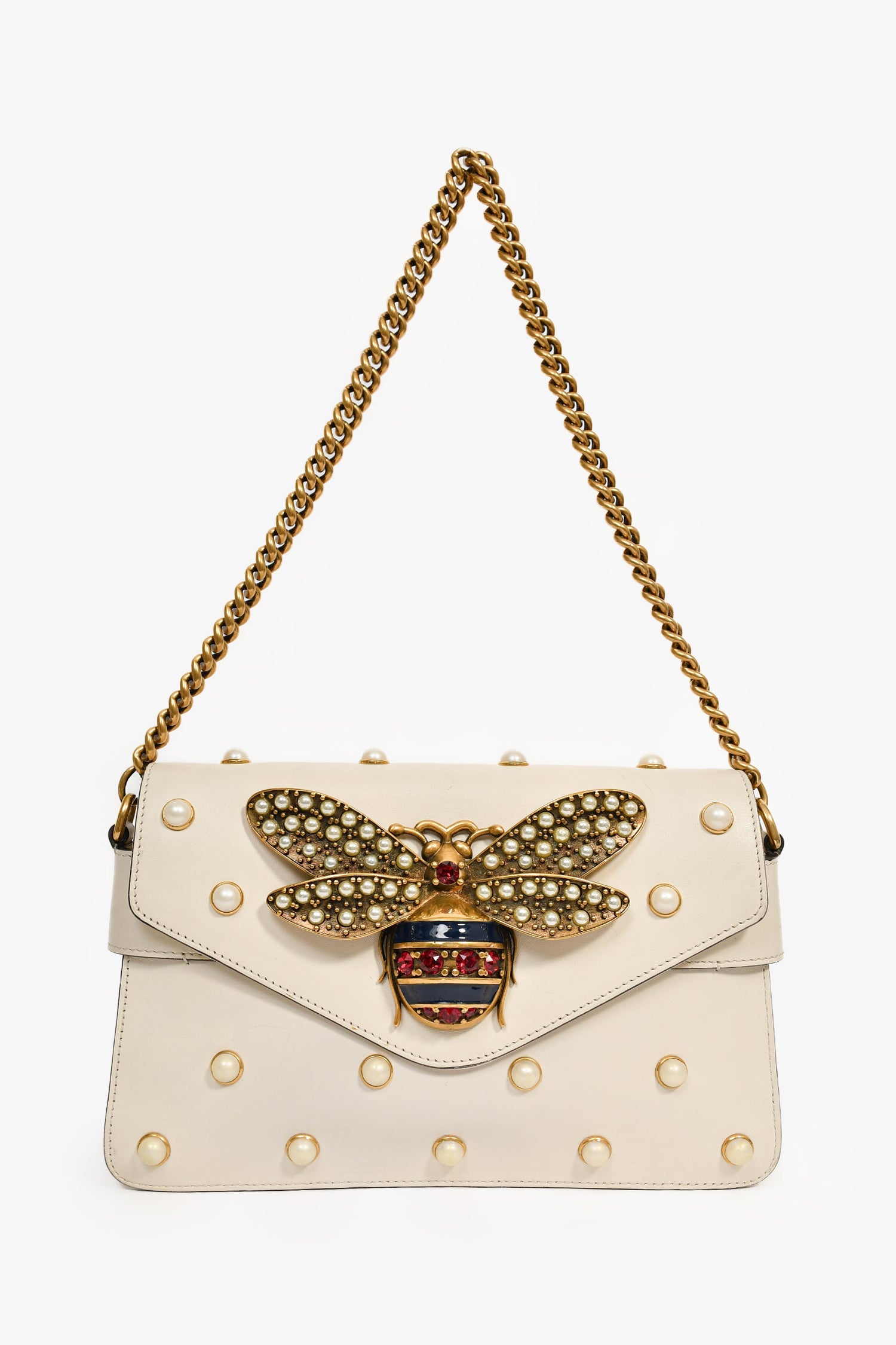 Gucci White Leather Pearl Studded Mini Broadway Bee Shoulder Bag with Web Strap
