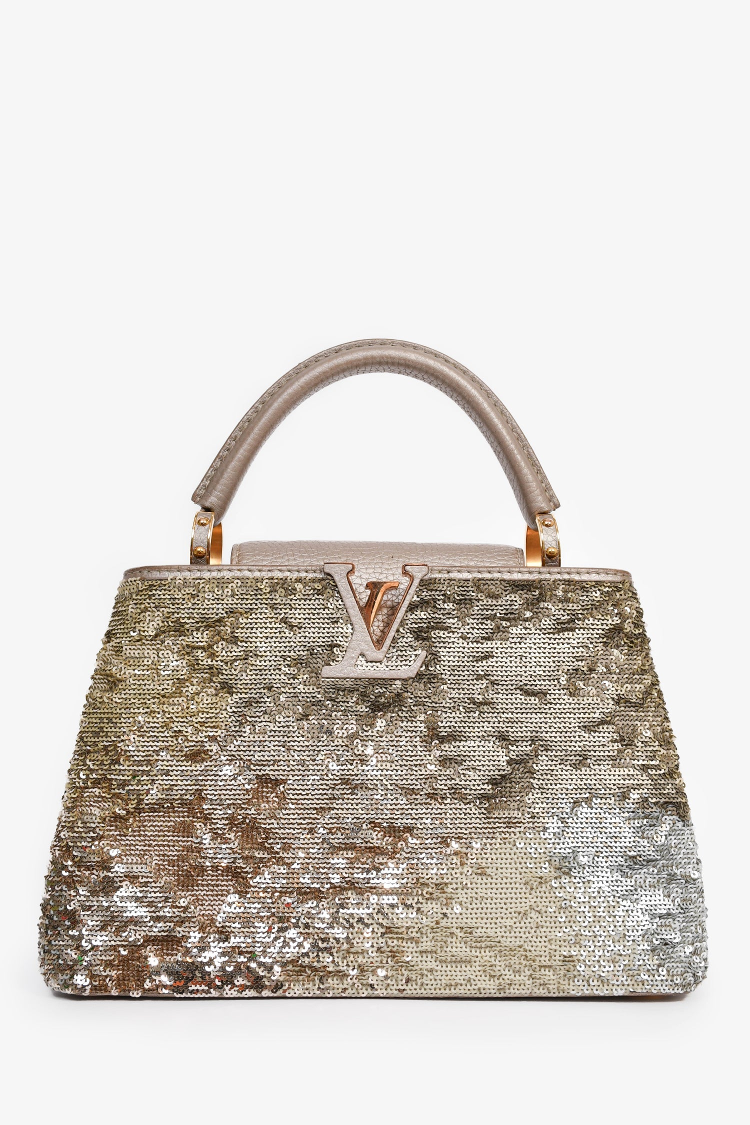 Louis Vuitton 2015 Beige Metallic Sequins Taurillon Capucines BB With Strap