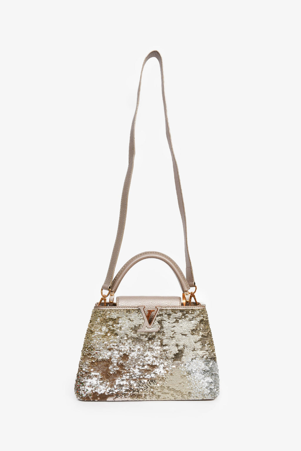 Louis Vuitton 2015 Beige Metallic Sequins Taurillon Capucines BB With Strap