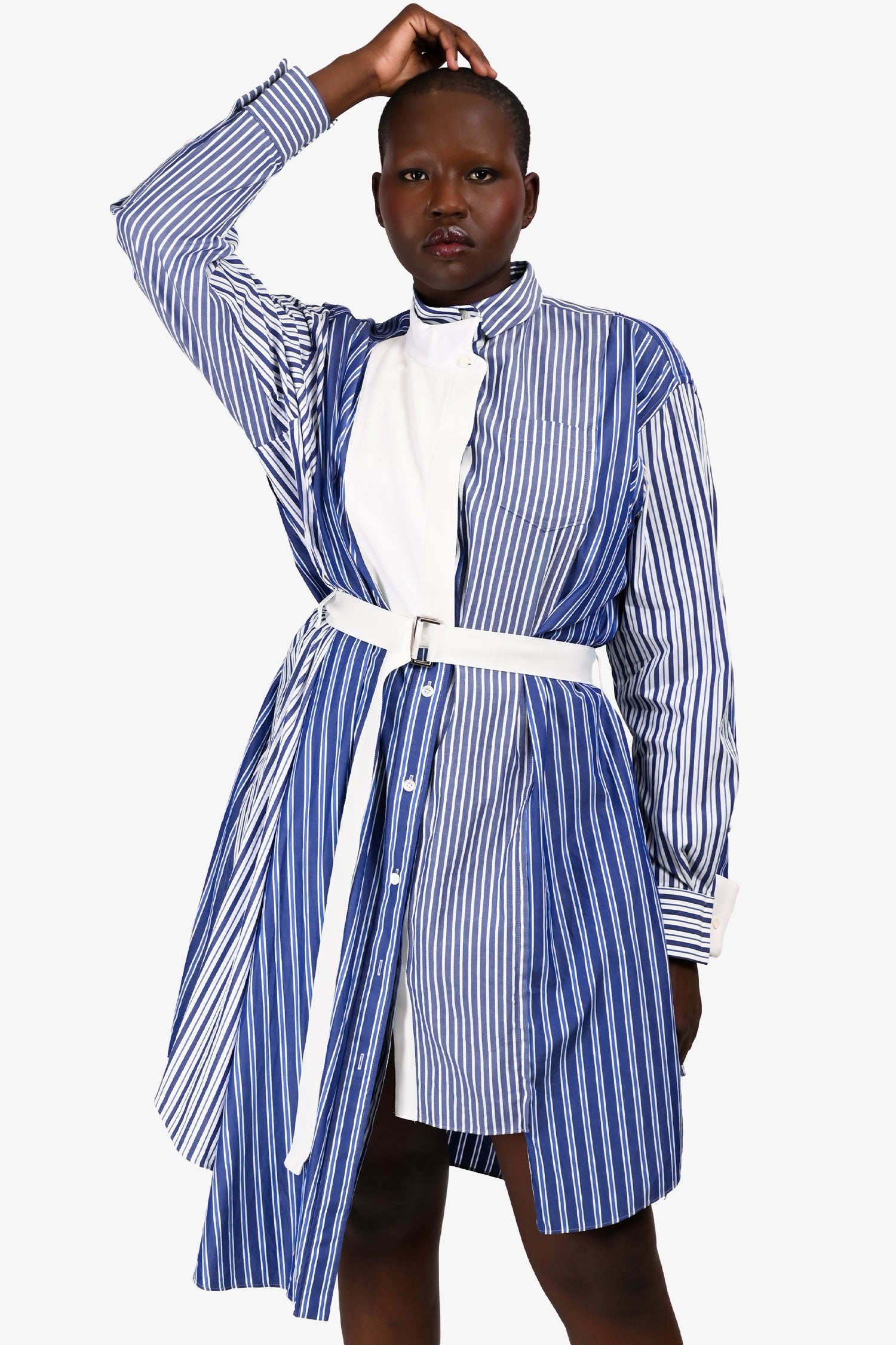 Sacai Blue Cotton Blend Multi Stipe Shirt Dress Size 3