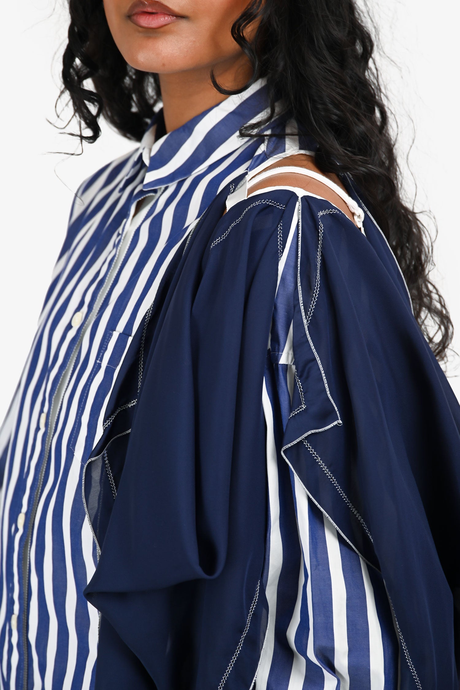 Sacai Blue/White Striped Navy Silk Drape Detail Button Down Shirt Dress Size 2