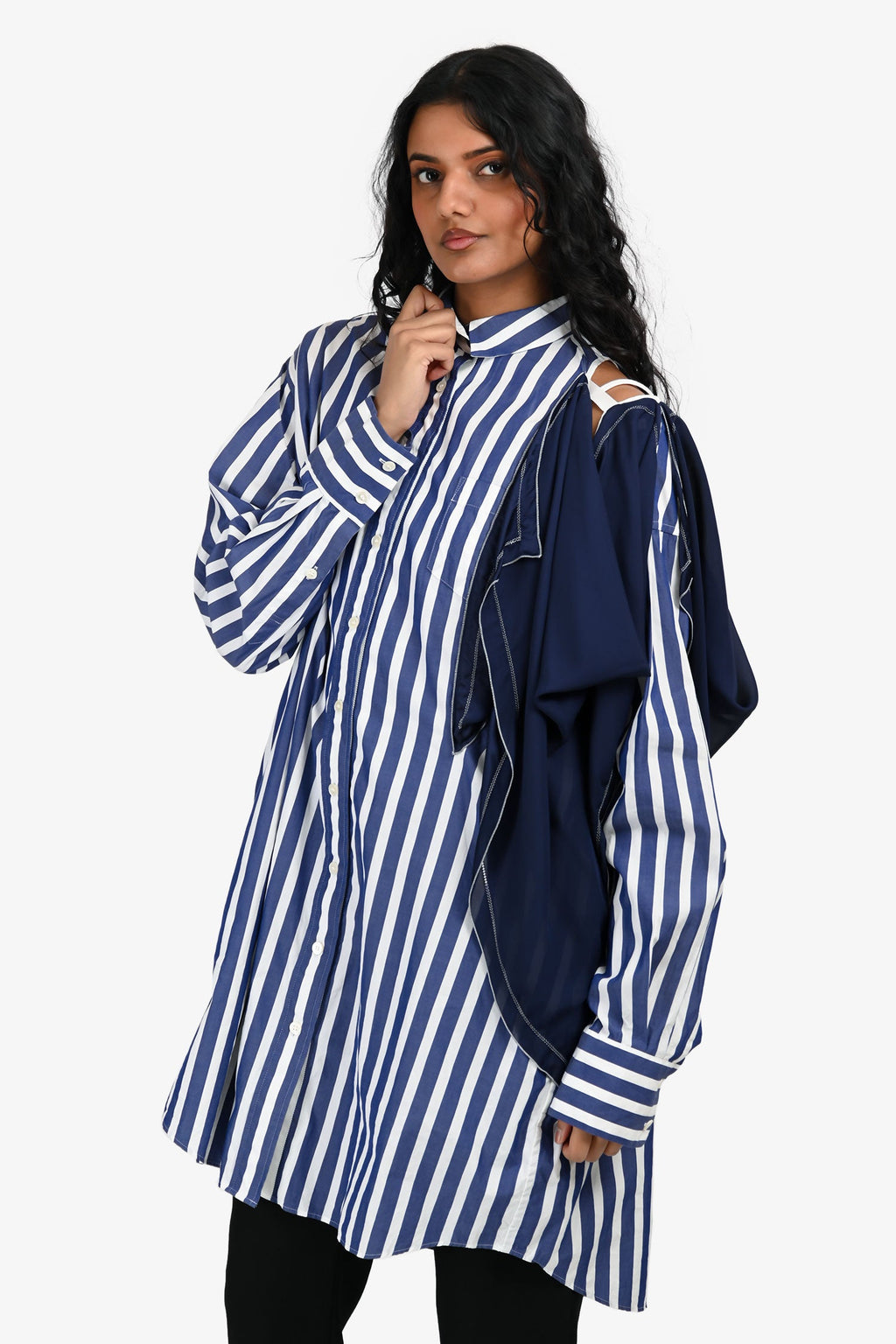 Sacai Blue/White Striped Navy Silk Drape Detail Button Down Shirt Dress Size 2