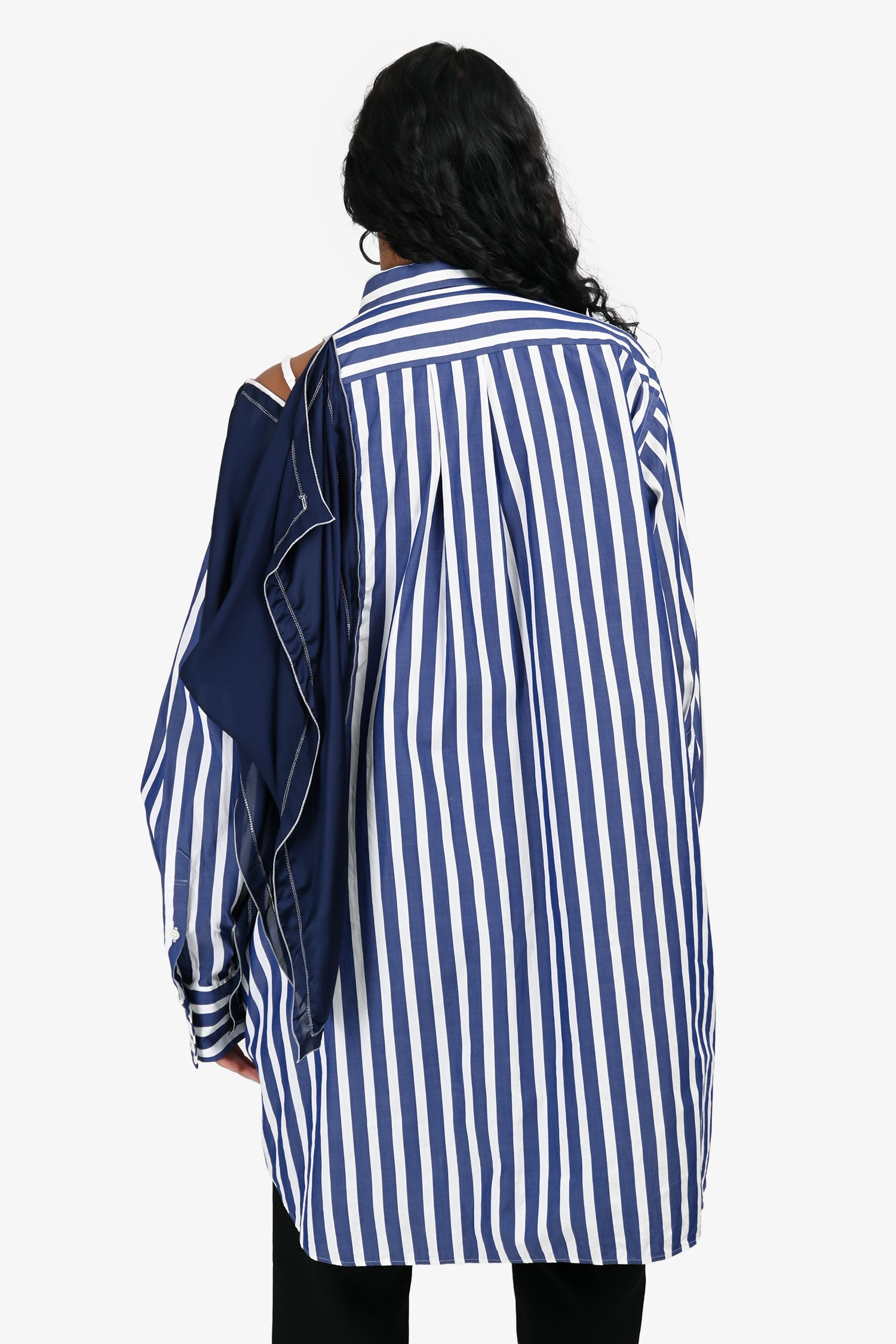 Sacai Blue/White Striped Navy Silk Drape Detail Button Down Shirt Dress Size 2