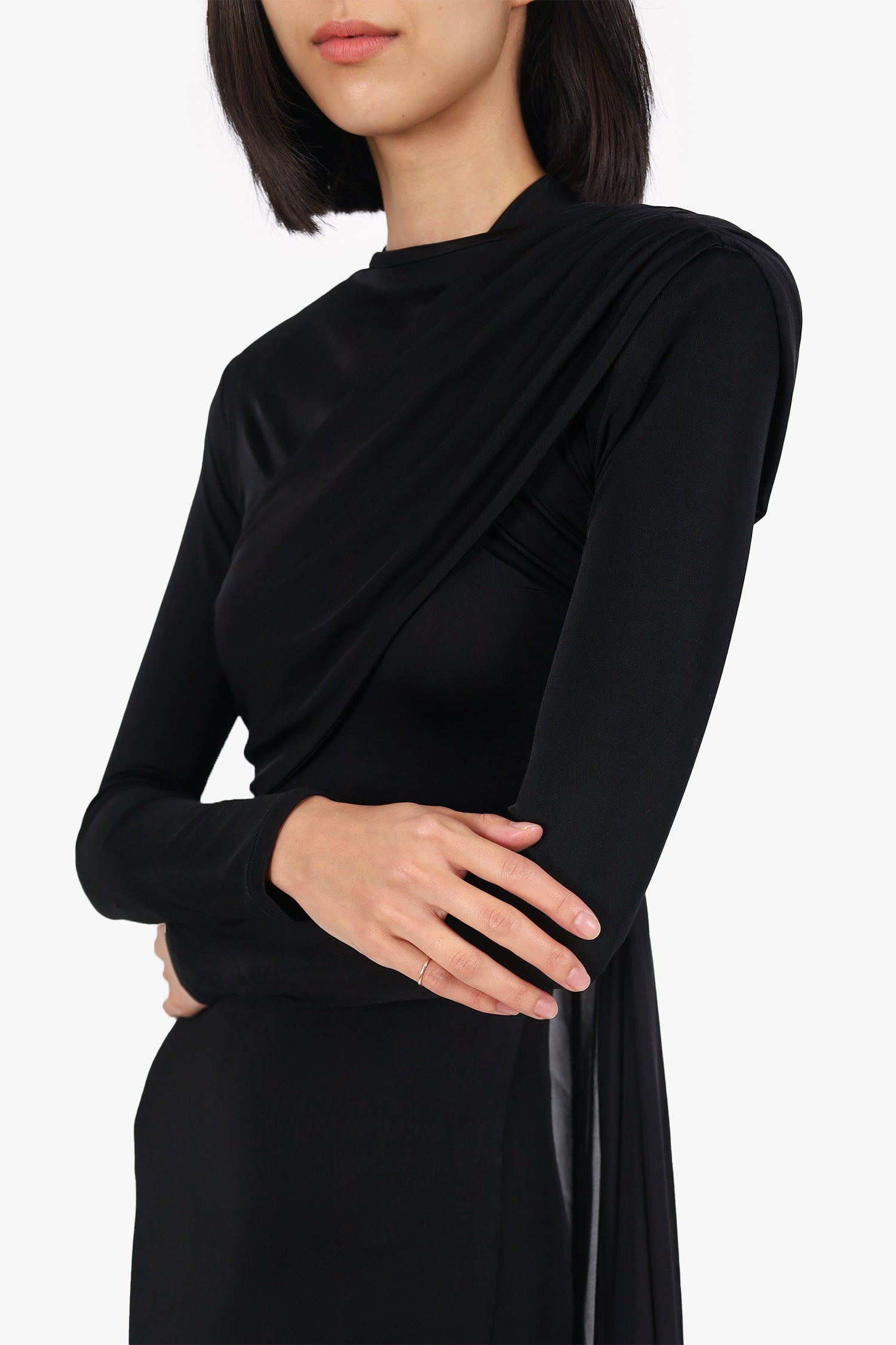 New Arrivals Ilkyaz Ozel Jersey/Tulle Black Long Sleeve 'Xanthe' Gown Size 36
