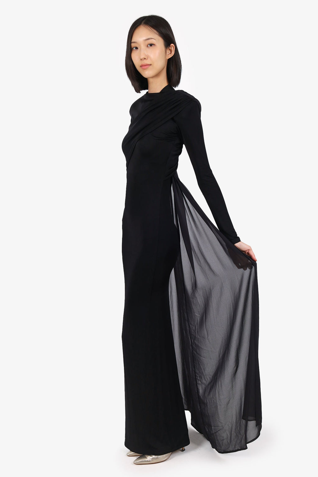 New Arrivals Ilkyaz Ozel Jersey/Tulle Black Long Sleeve 'Xanthe' Gown Size 36