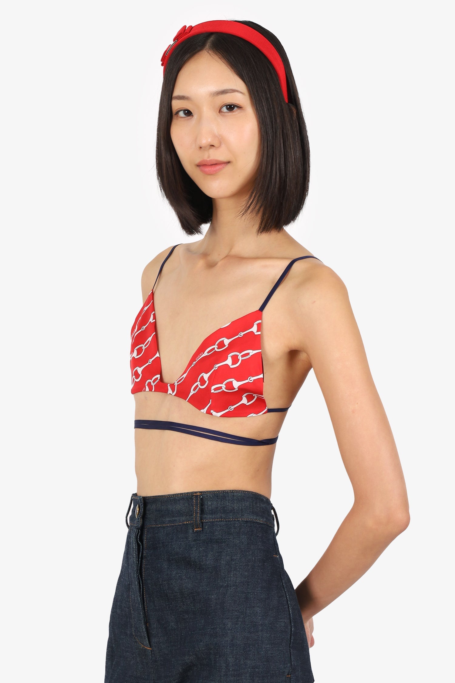 Gucci Red Silk Horese-bit Print Bralette Size 48