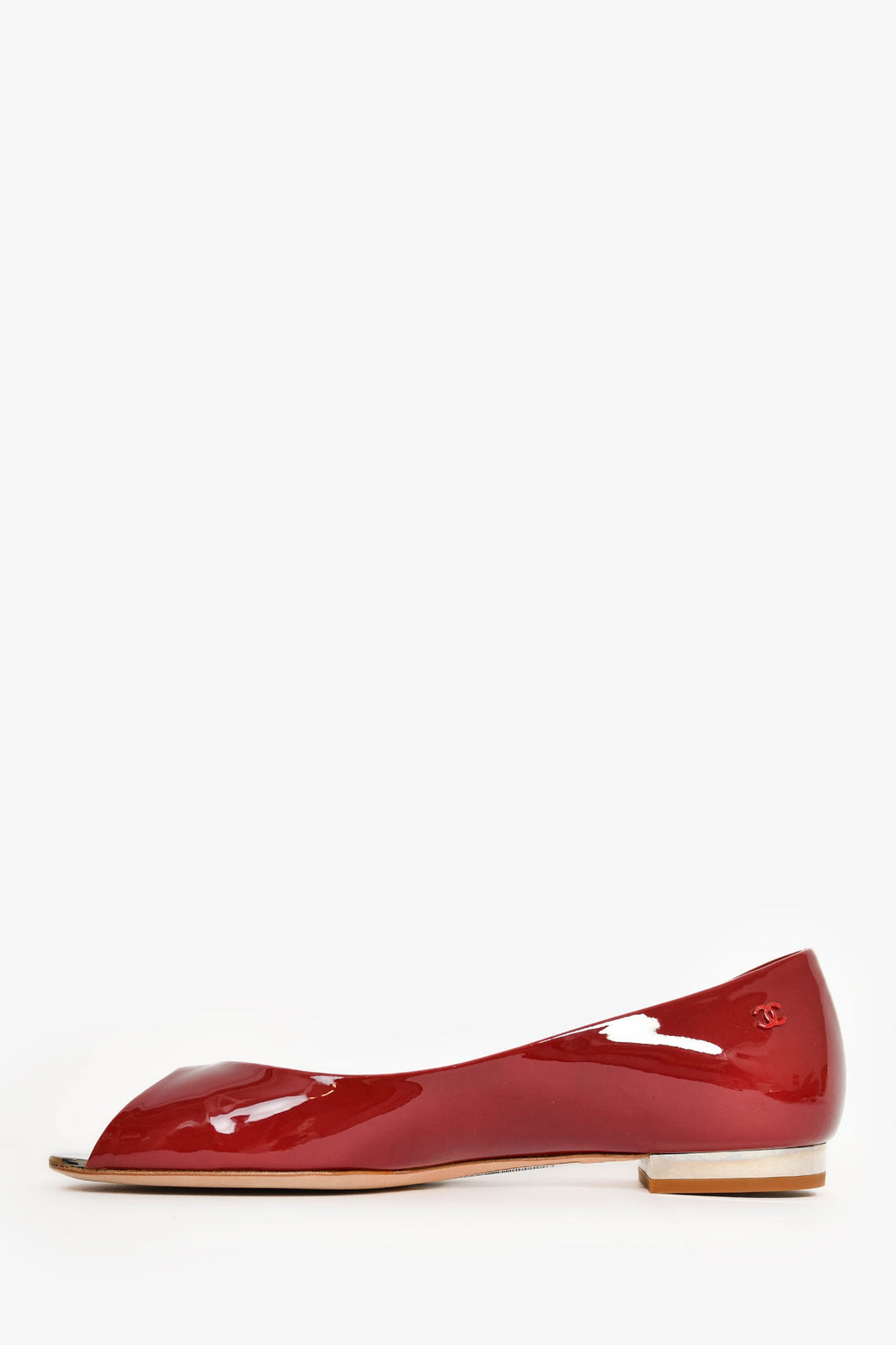 Pre-Loved Chanel™ Red Patent Leather Peep Toe Flats Size 36
