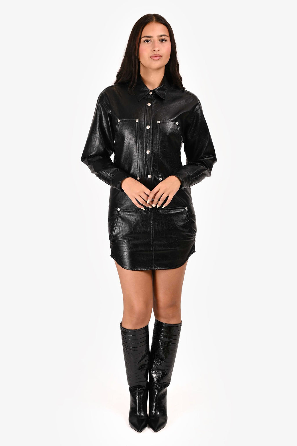 Isabel Marant Etoile Black Faux Leather Button Down Dress Size 34