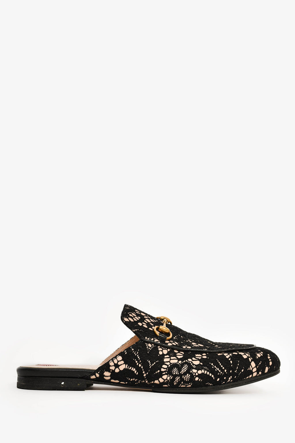 Gucci Black/Cream Lace Fabric Princetown Mules Size 38.5