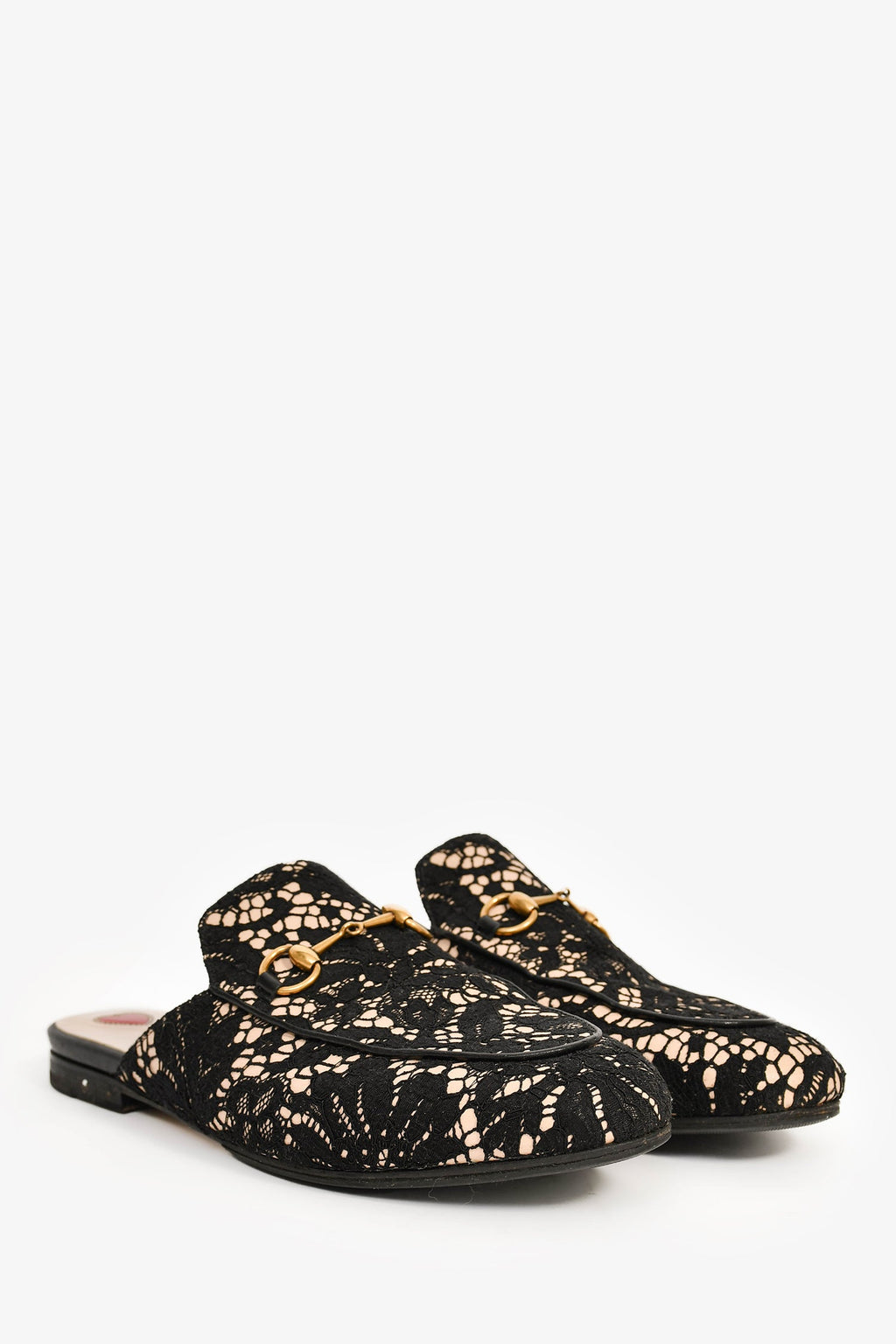 Gucci Black/Cream Lace Fabric Princetown Mules Size 38.5