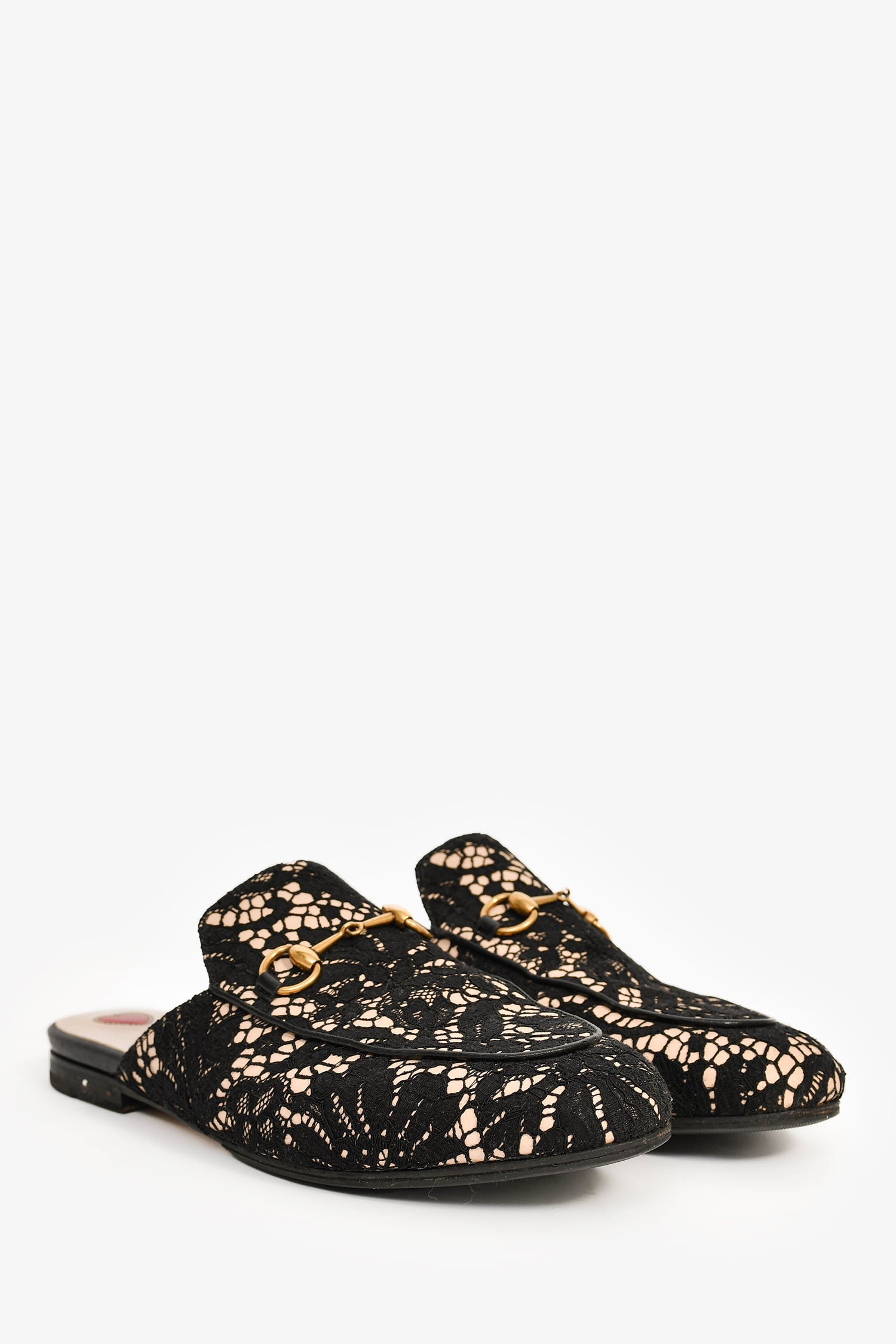 Gucci Black/Cream Lace Fabric Princetown Mules Size 38.5