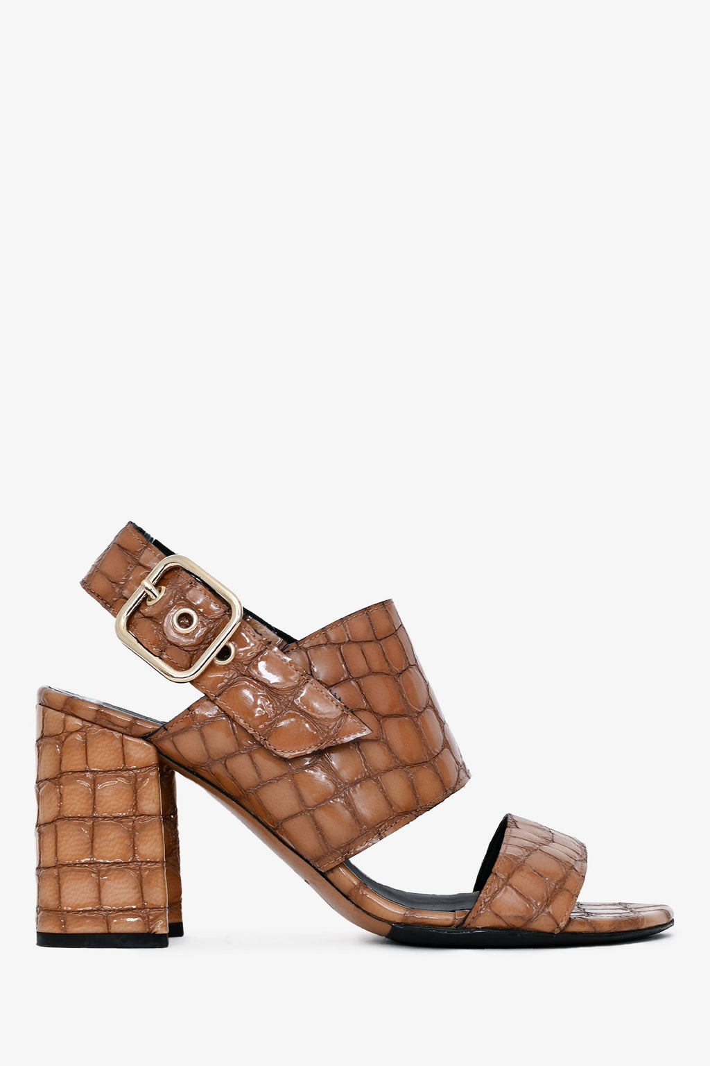 Dries Van Noten Brown Patent Croc Embossed Leather Sandal Heels Size 40