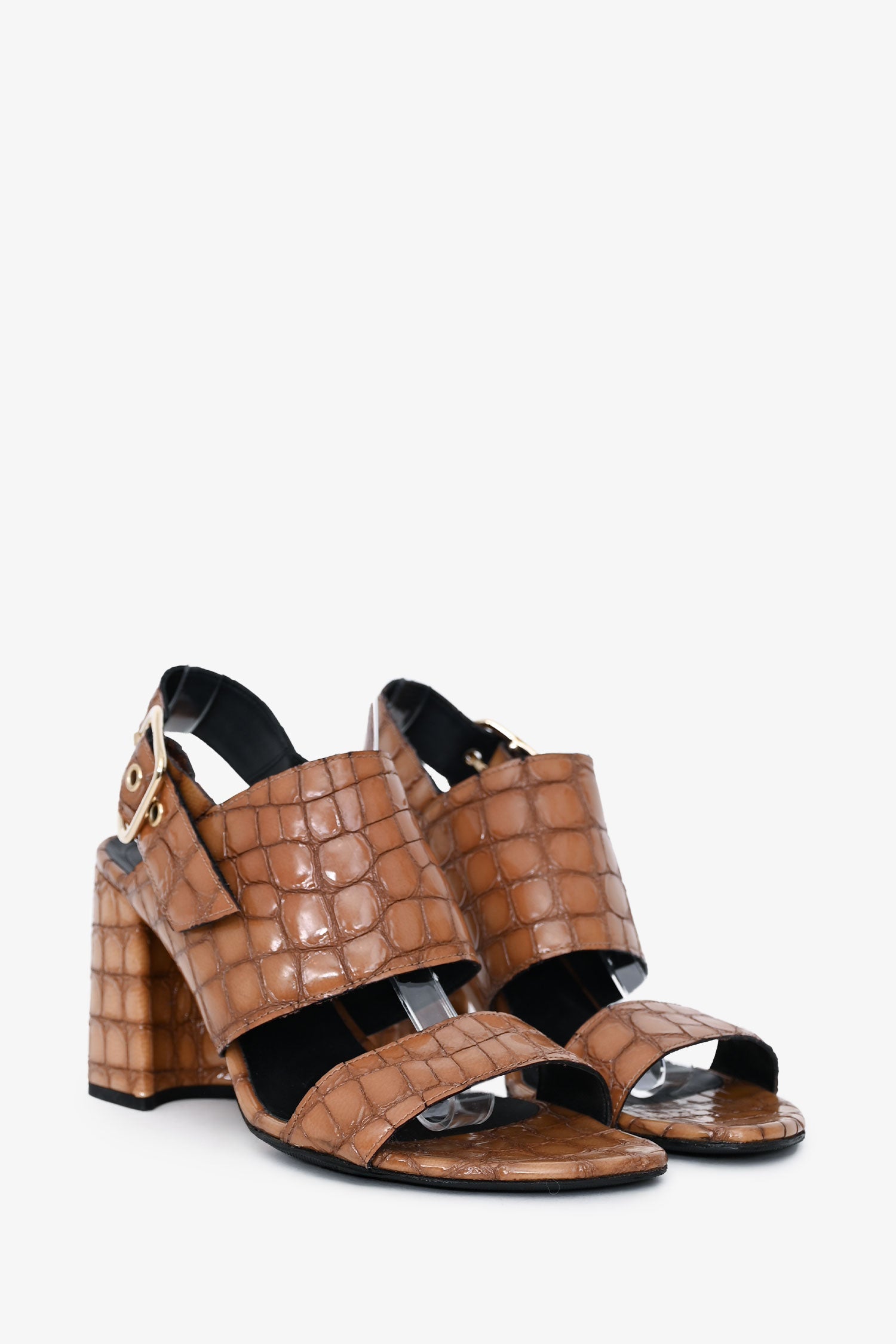 Dries Van Noten Brown Patent Croc Embossed Leather Sandal Heels Size 40