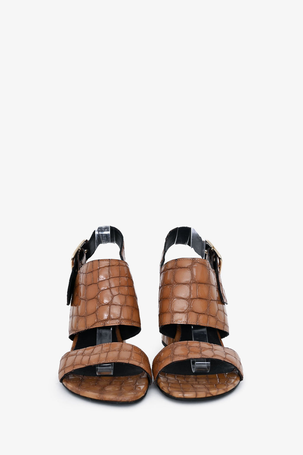 Dries Van Noten Brown Patent Croc Embossed Leather Sandal Heels Size 40