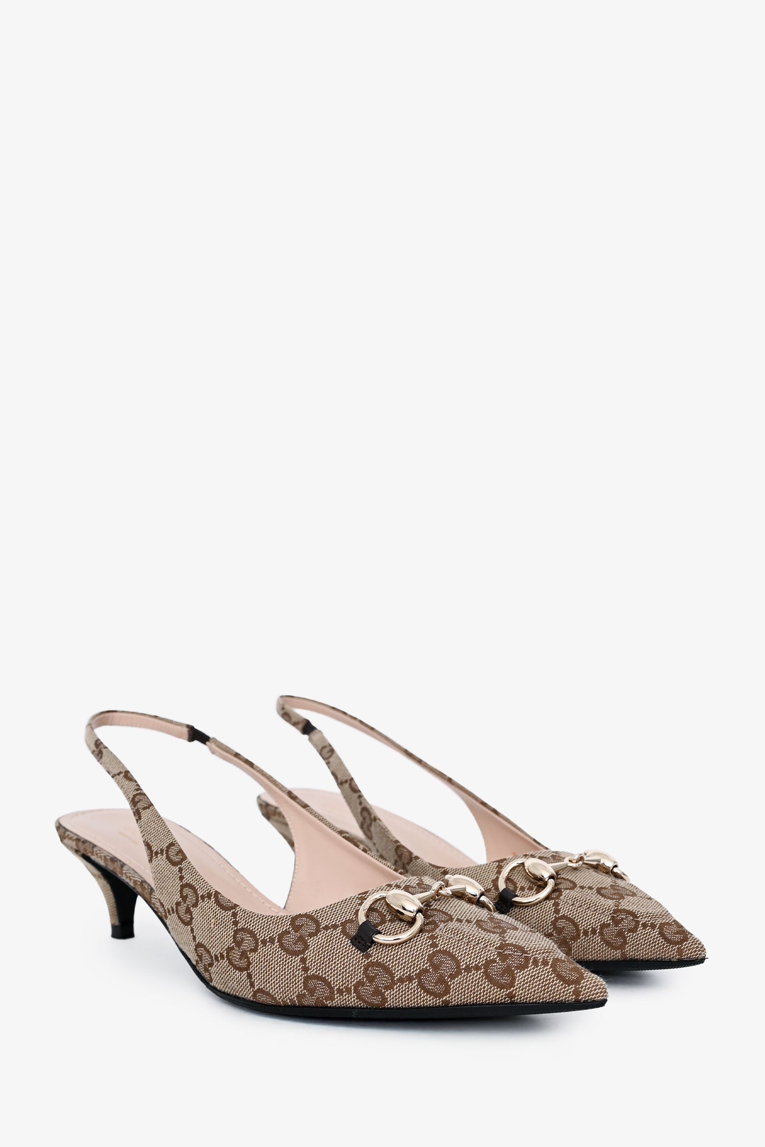 Gucci Beige Canvas Supreme Horsebit Kitten Heel Slingbacks Size 39