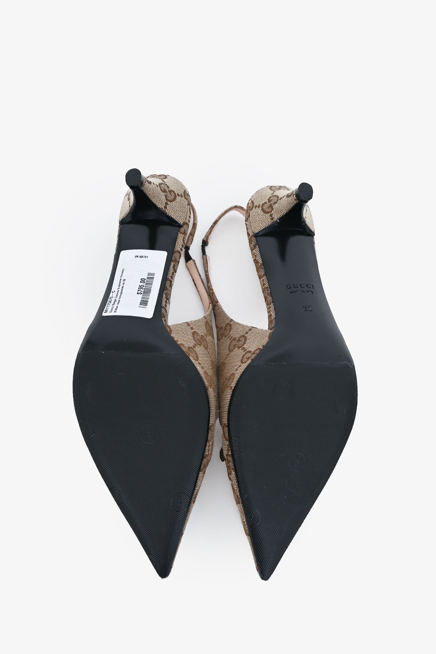 Gucci Beige Canvas Supreme Horsebit Kitten Heel Slingbacks Size 39
