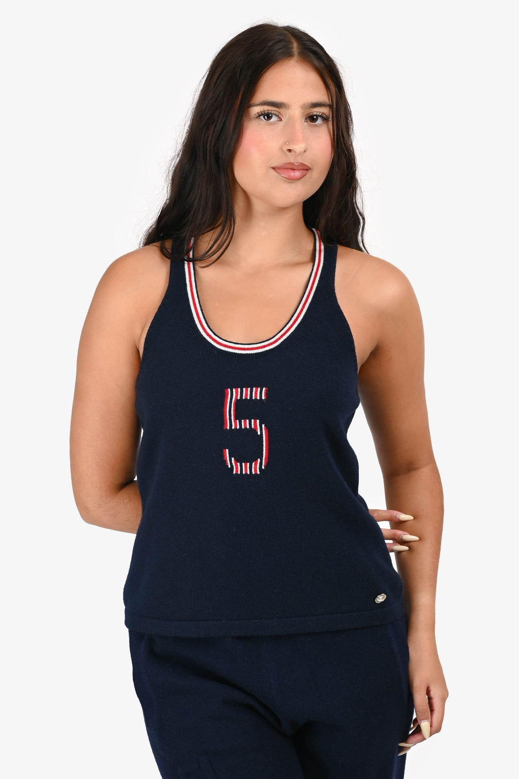 Pre-Loved Chanel™ 2019 Navy No.5 Cashmere Tank Top Size 44