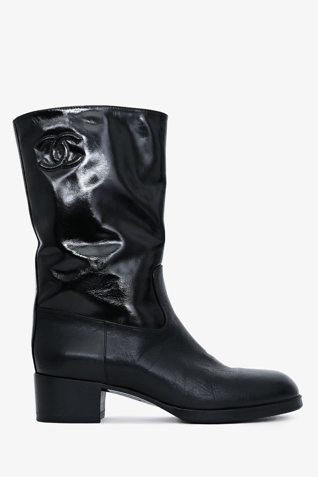 Pre-Loved Chanel 2021 Black Leather Interlocking CC Logo Moto Boots Size 39.5