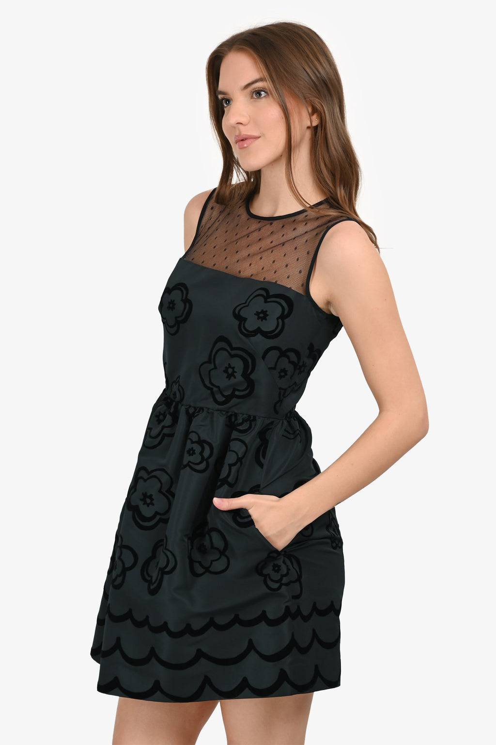 Red Valentino Black Velvet Floral A-Line Dress Size 40