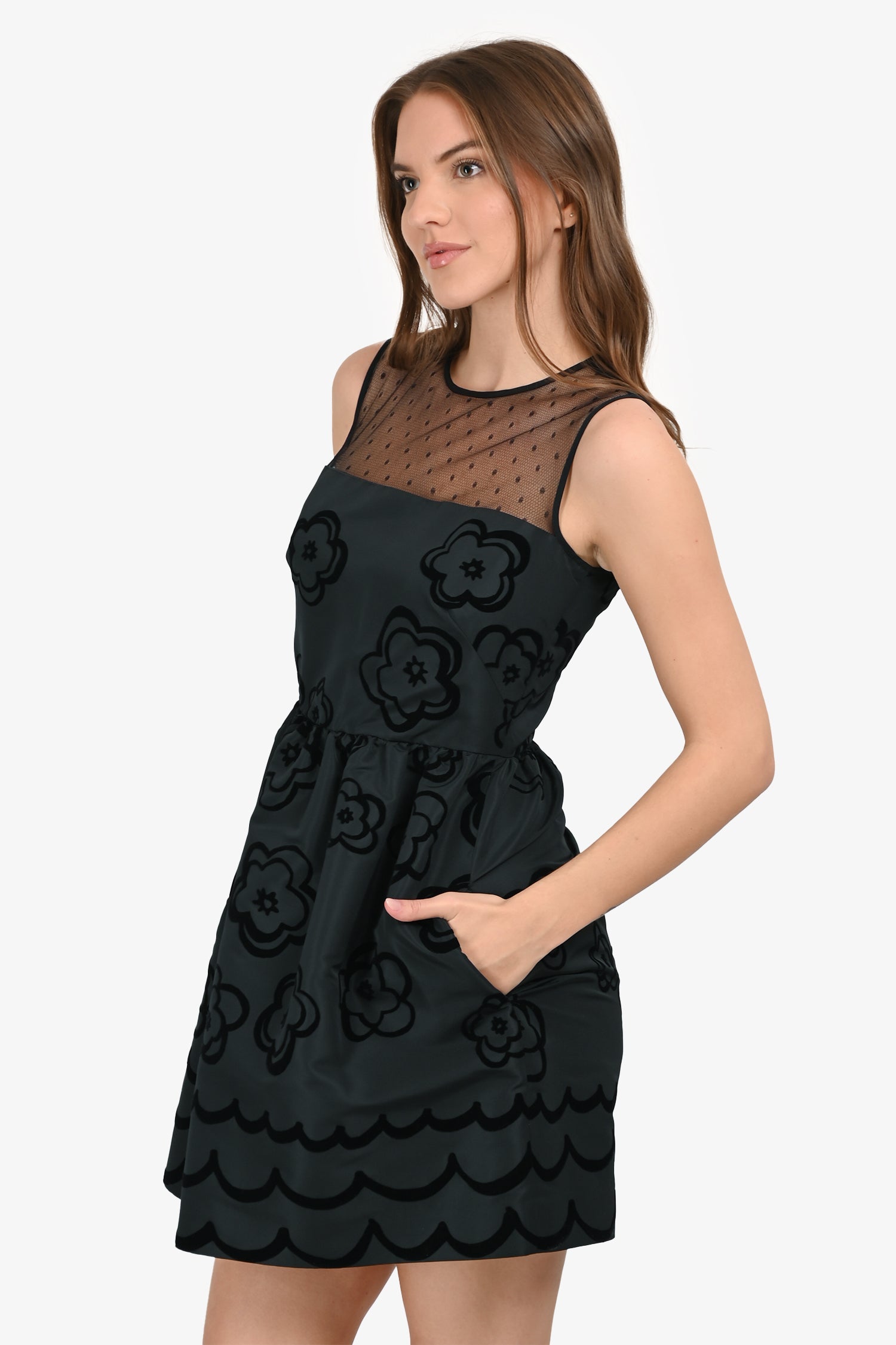 Red Valentino Black Velvet Floral A-Line Dress Size 40