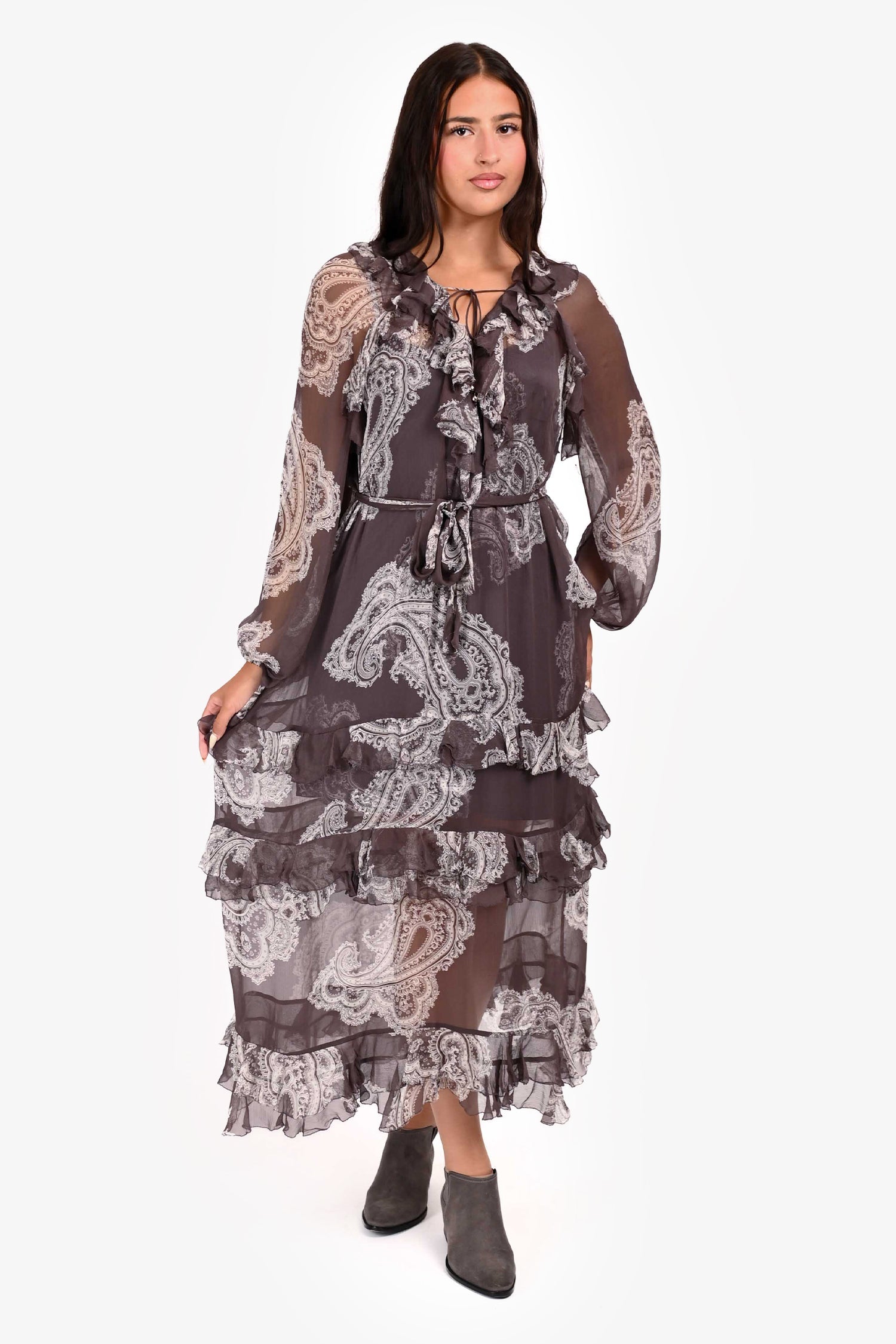 Zimmerman Grey/White Paisley Sheer Long Sleeve Maxi Dress Size 4