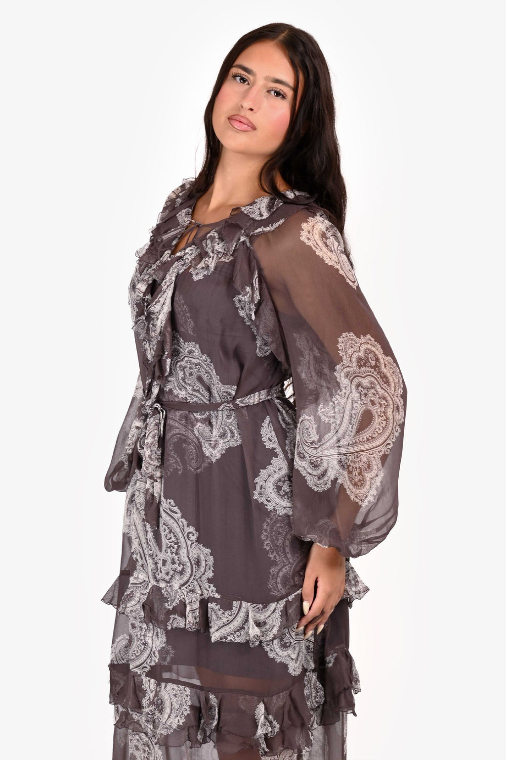 Zimmerman Grey/White Paisley Sheer Long Sleeve Maxi Dress Size 4