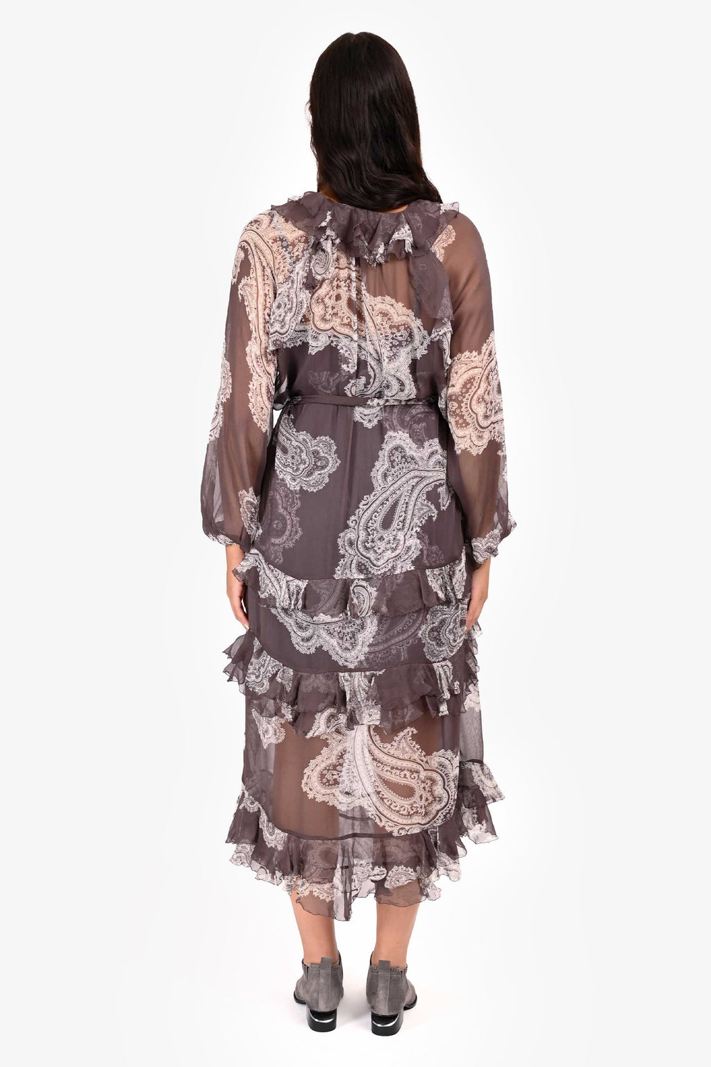 Zimmerman Grey/White Paisley Sheer Long Sleeve Maxi Dress Size 4