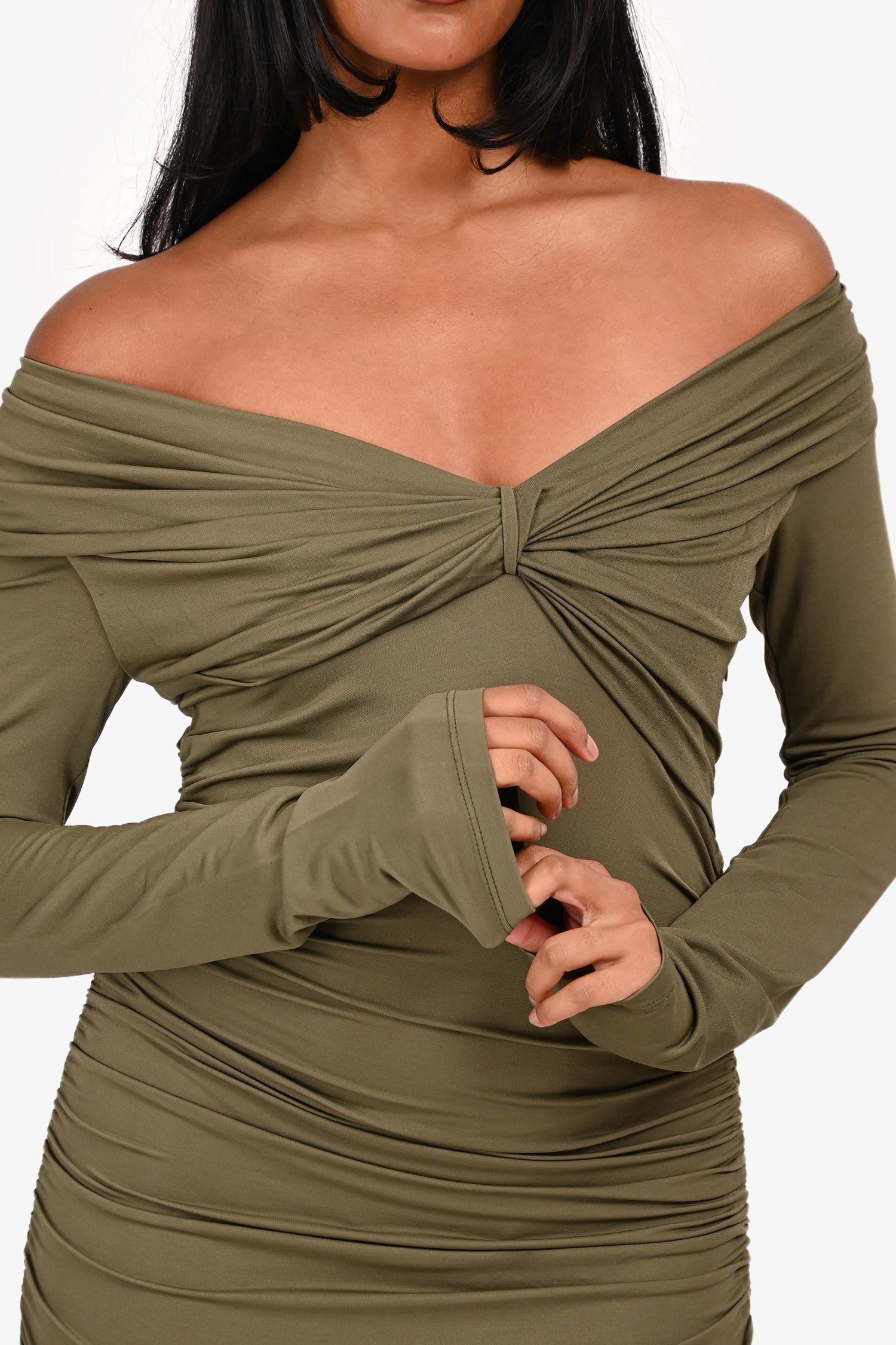 Tove Green Off the Shoulder Ruched Maxi Dress Size 36