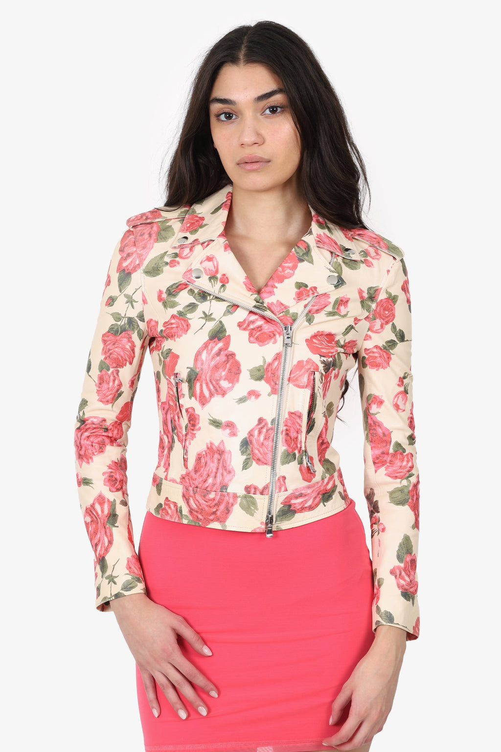 L'agence Beige/Multicolour Floral Print Leather Biker Jacket Size XS