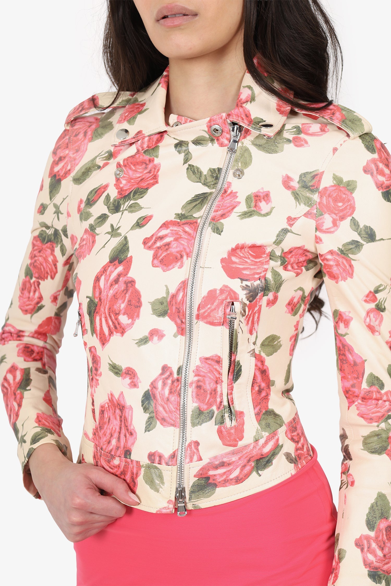 L'agence Beige/Multicolour Floral Print Leather Biker Jacket Size XS