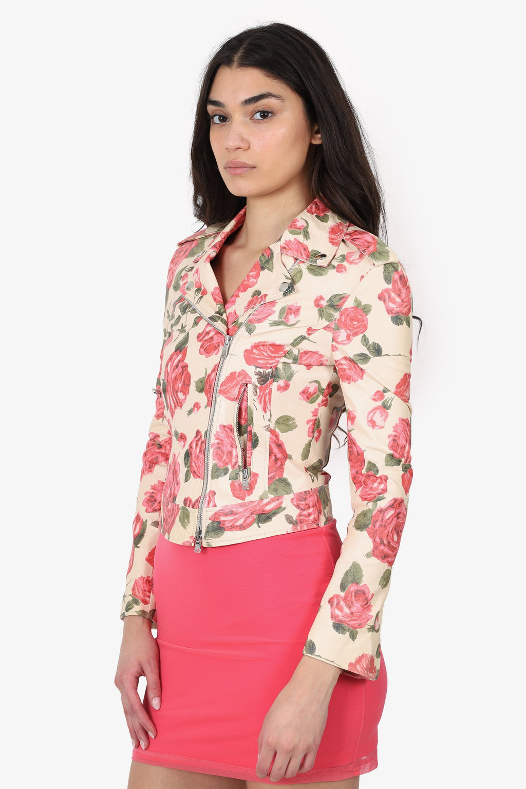 L'agence Beige/Multicolour Floral Print Leather Biker Jacket Size XS