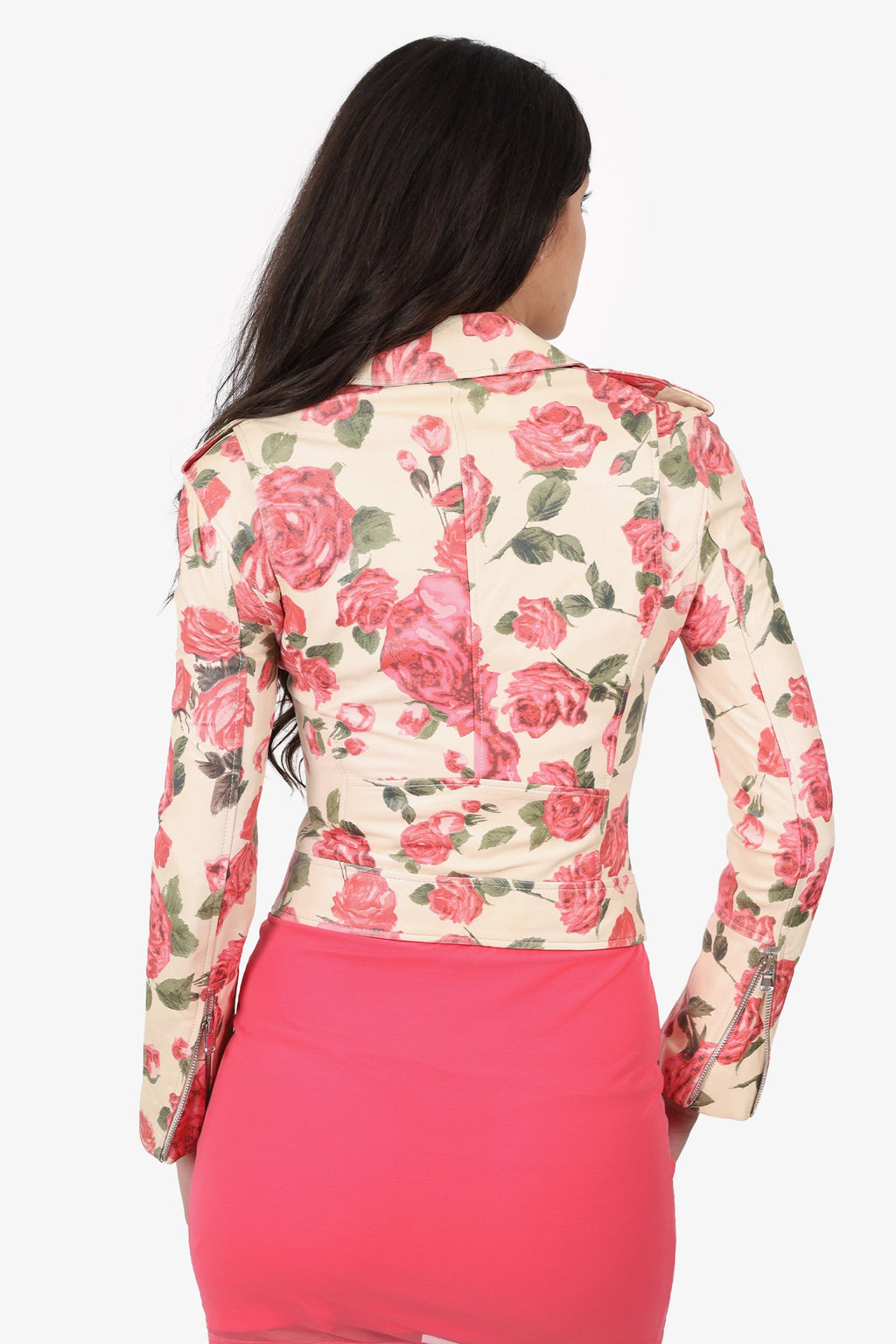 L'agence Beige/Multicolour Floral Print Leather Biker Jacket Size XS