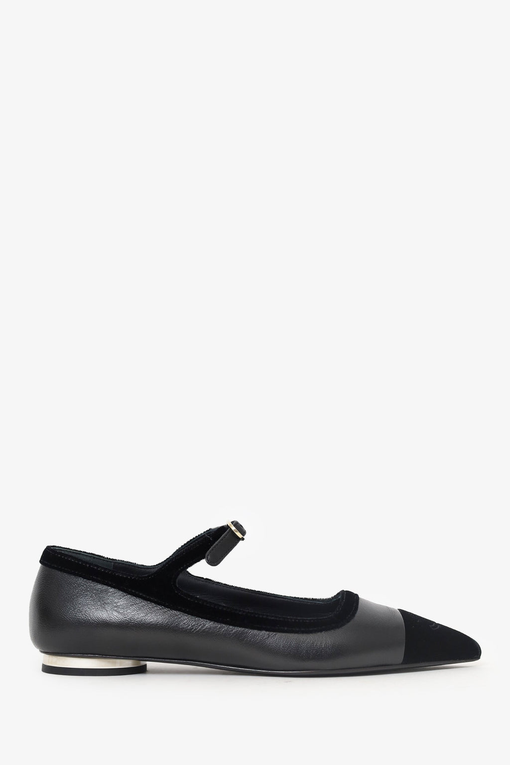Pre-Loved Chanel™ Black Leather/Velvet Mary-Jane Pointed-Toe Flats Size 36.5