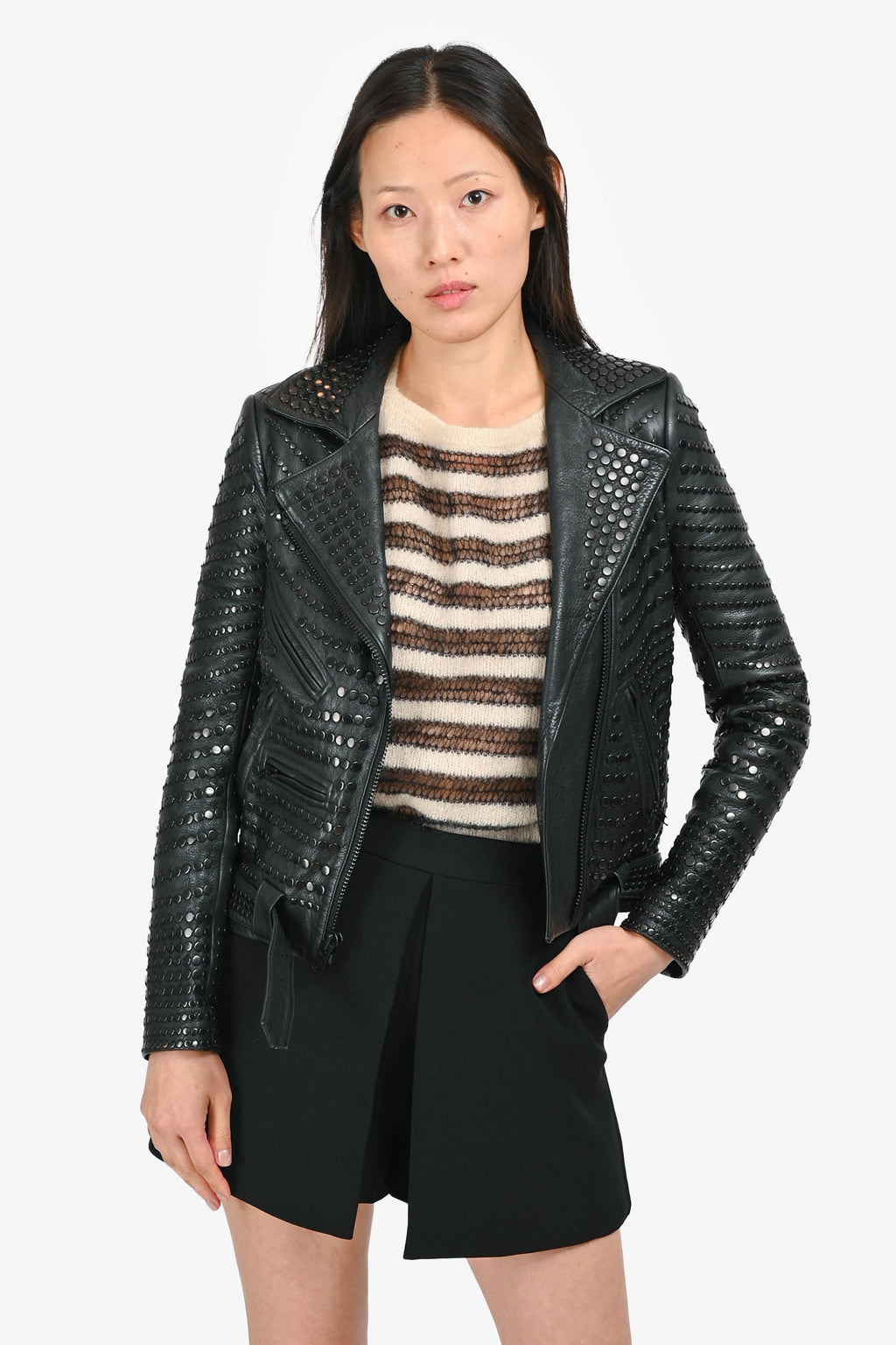 A.L.C. Black Calf Leather Moto Stud Jacket Size 0