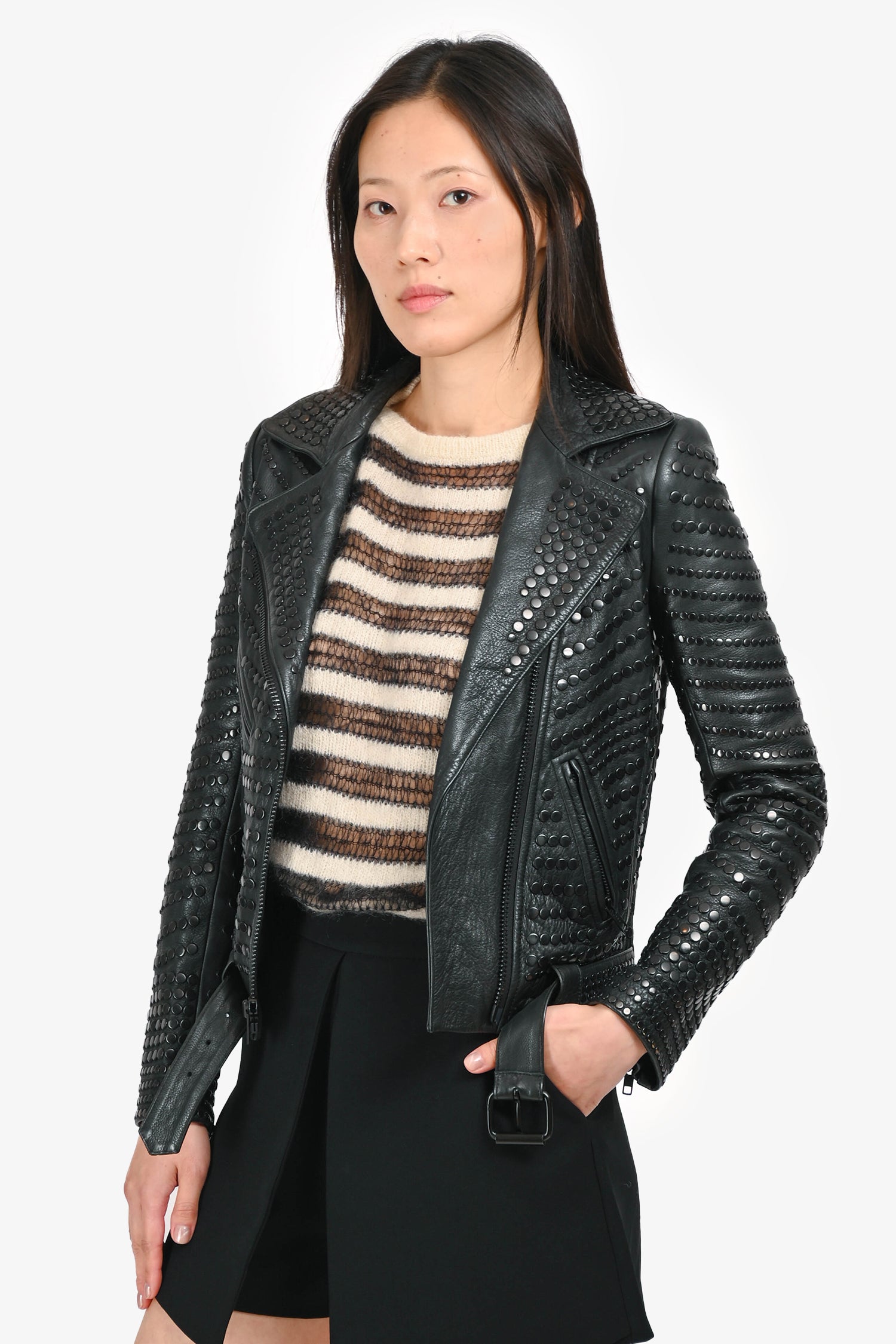 A.L.C. Black Calf Leather Moto Stud Jacket Size 0