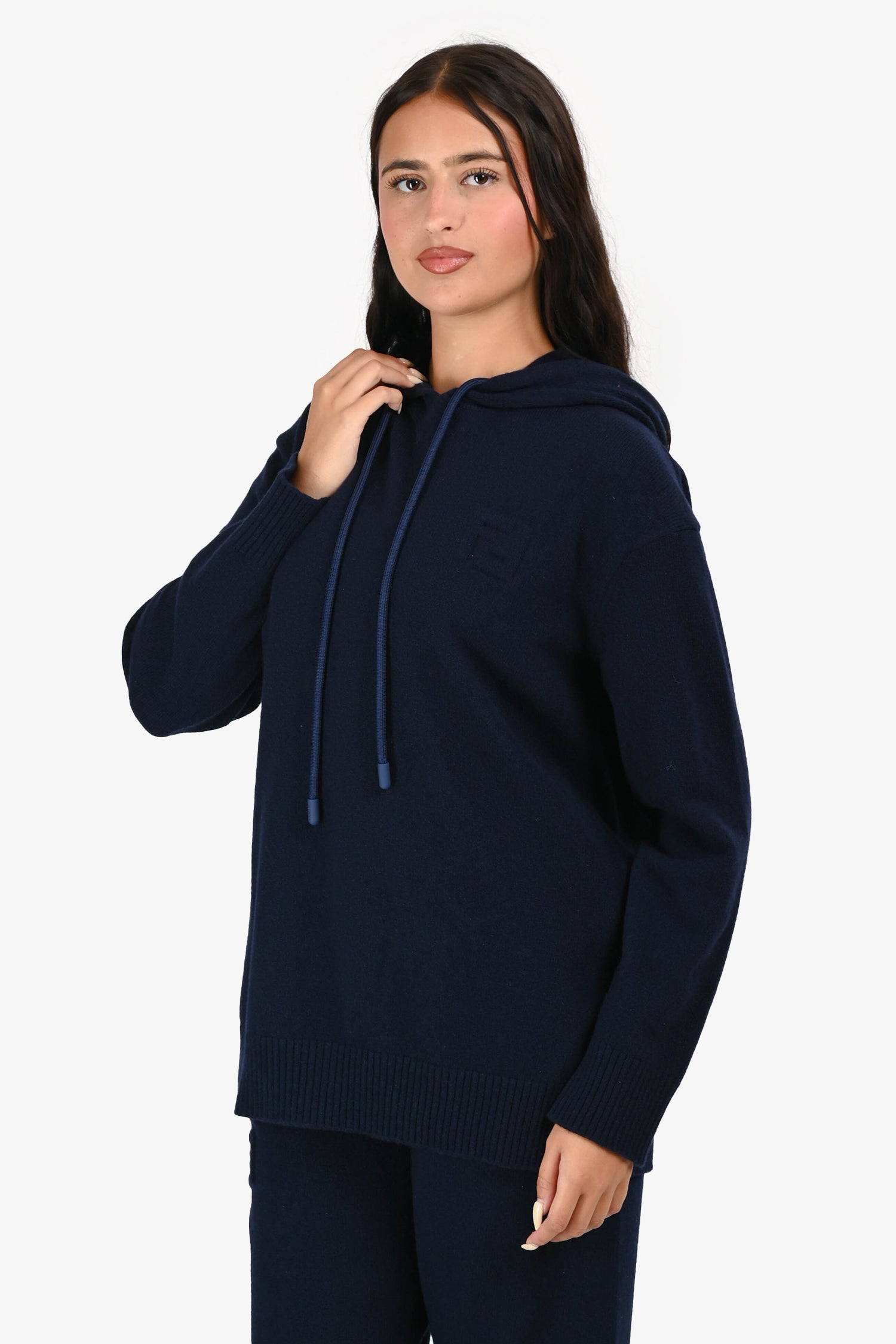 Fendi 2022 Navy Cashmere Hooded Pullover Size 42