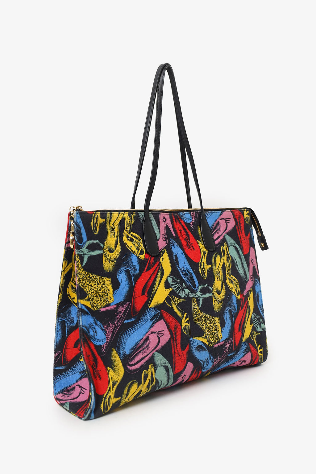 Salvatore Ferragam Black/Multicolour Canvas Shoe Printed Shopping Tote
