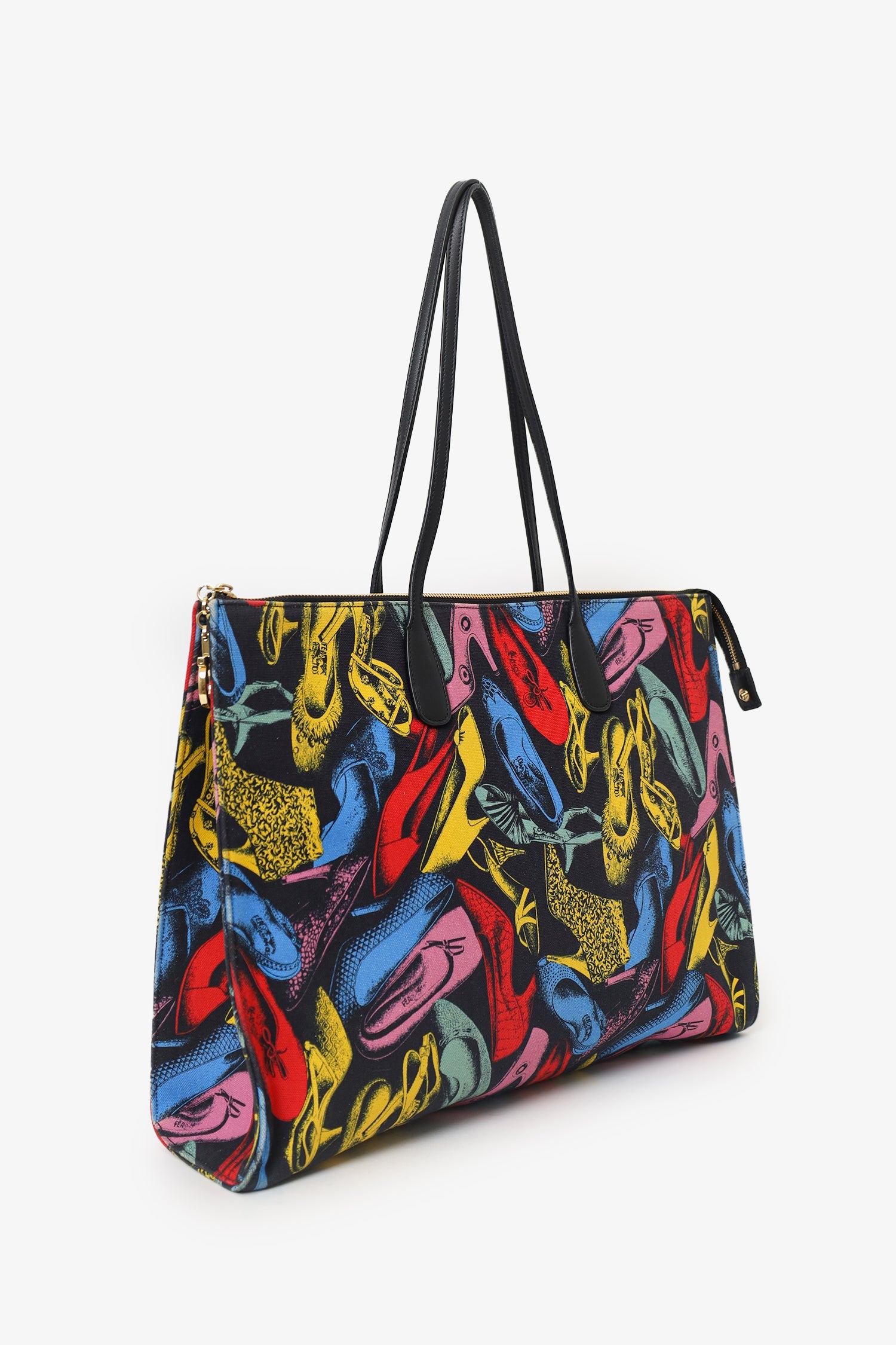 Salvatore Ferragam Black/Multicolour Canvas Shoe Printed Shopping Tote