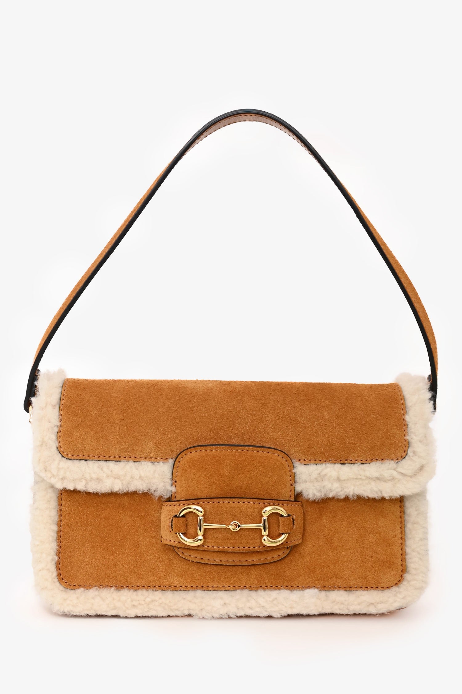 Gucci Brown Suede Leather/Shearling Trimmed Horsebit 1955 Shoulder Bag