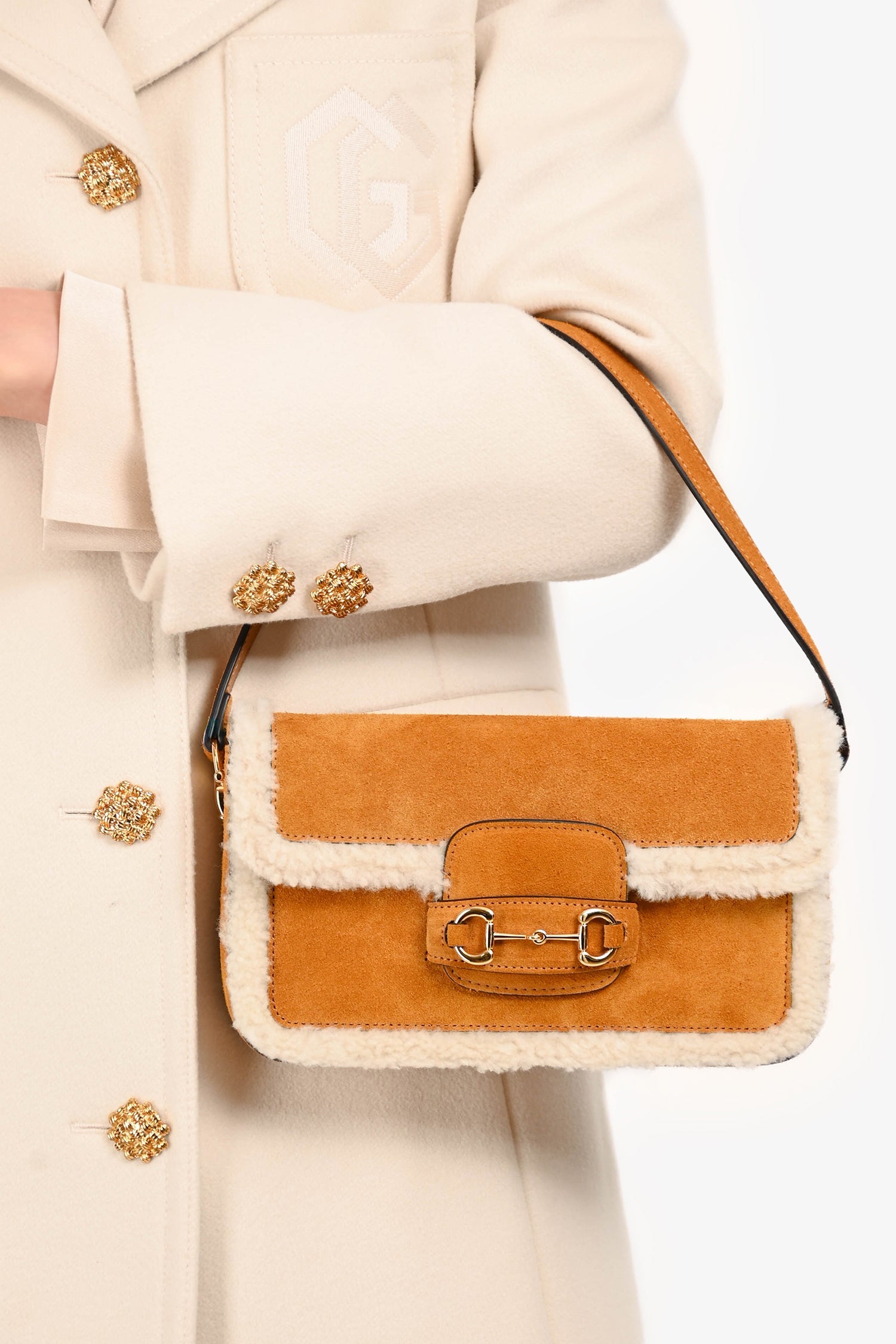Gucci Brown Suede Leather/Shearling Trimmed Horsebit 1955 Shoulder Bag
