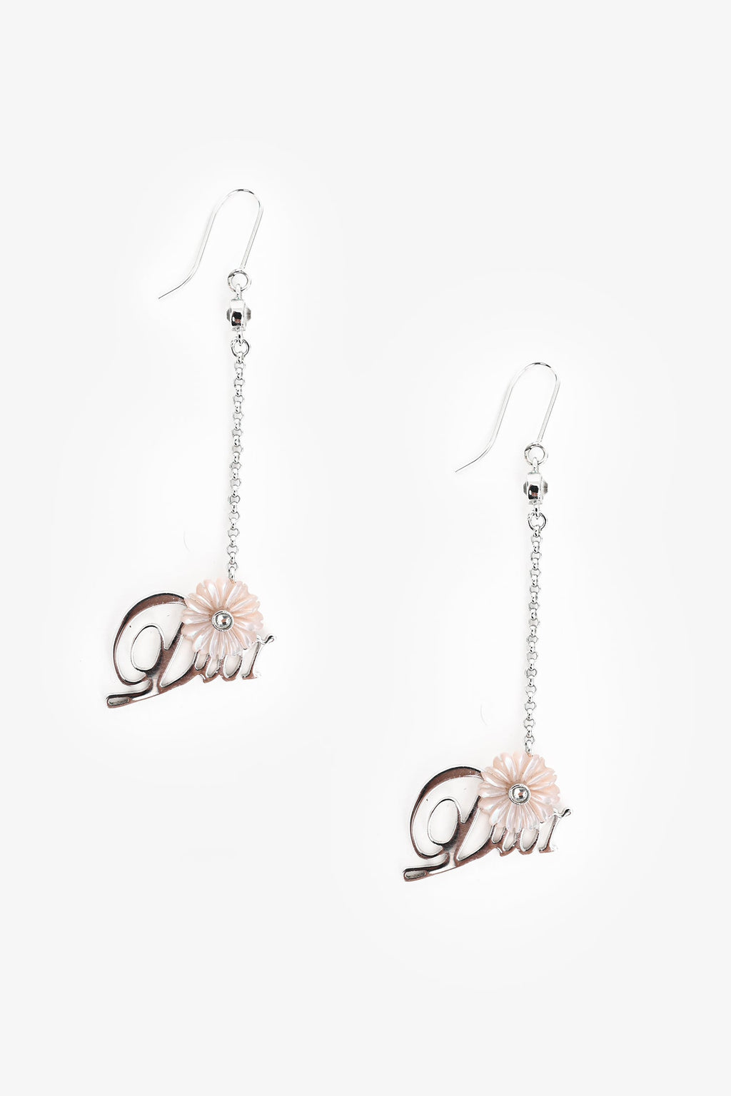 Christian Dior Silver Tone Metal Crystal Embellished Floral Logo Ear Pendants