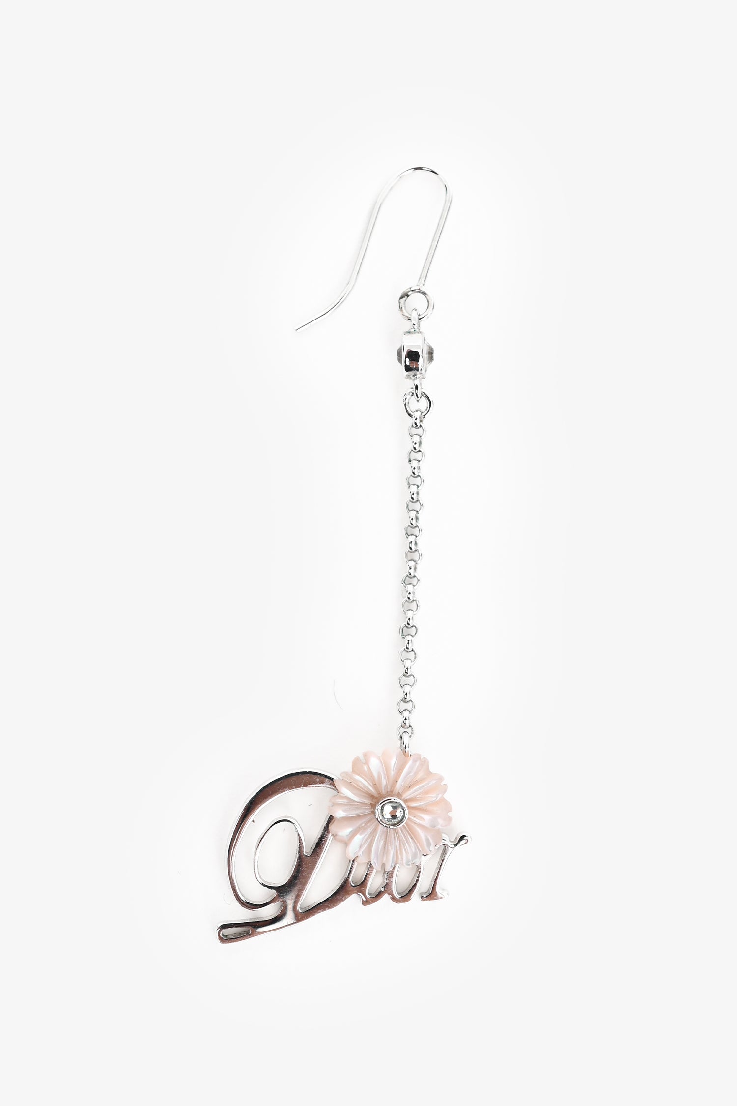 Christian Dior Silver Tone Metal Crystal Embellished Floral Logo Ear Pendants
