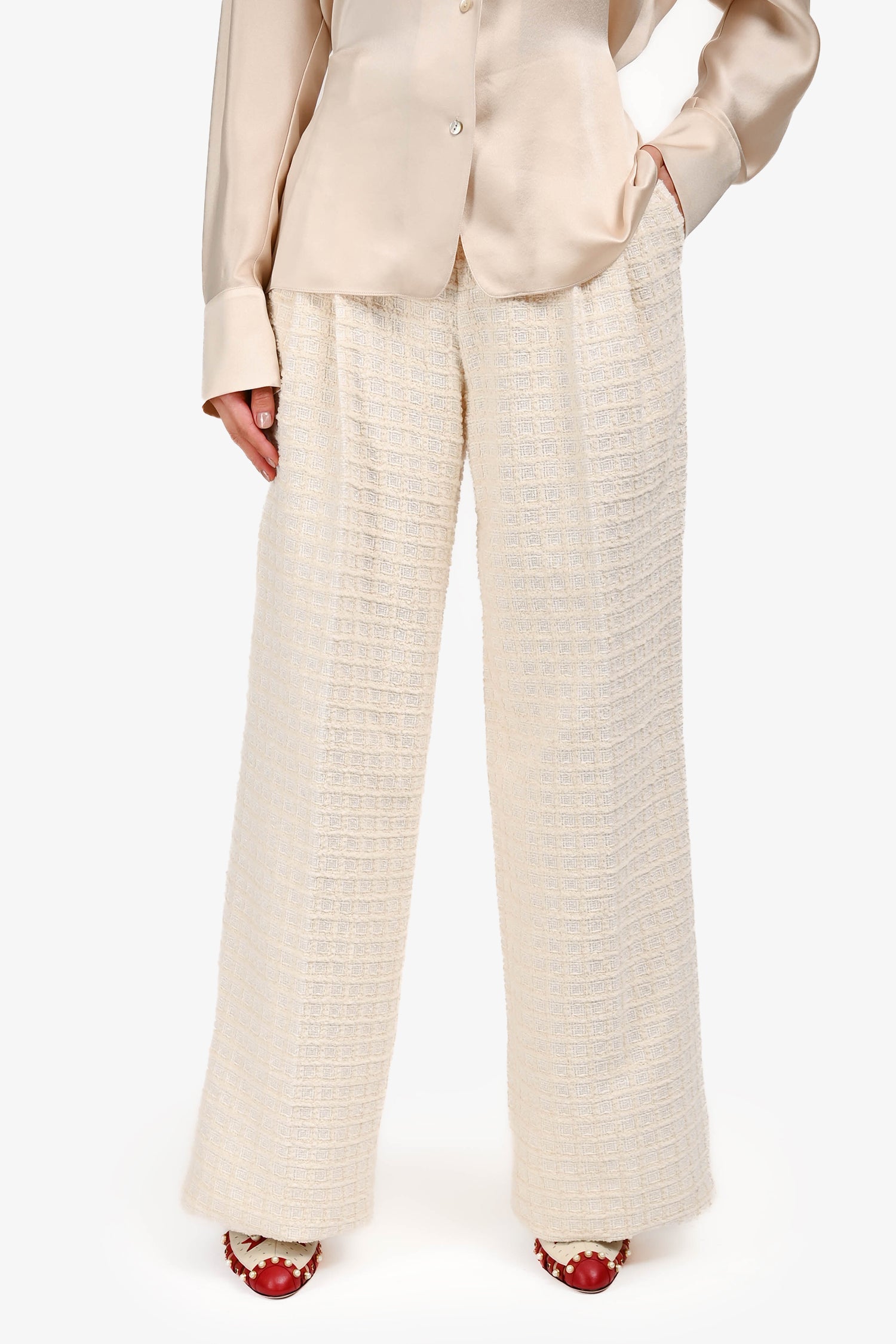 Gucci Ivory Window Tweed Wide Legged Pants Size 40