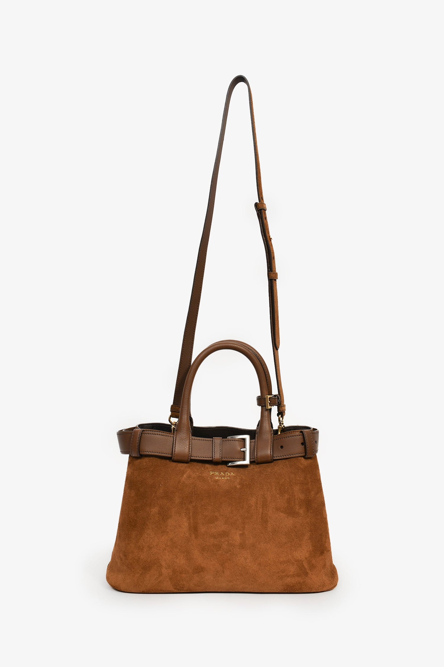 Prada Brown Suede/Leather Buckle Bag With Strap