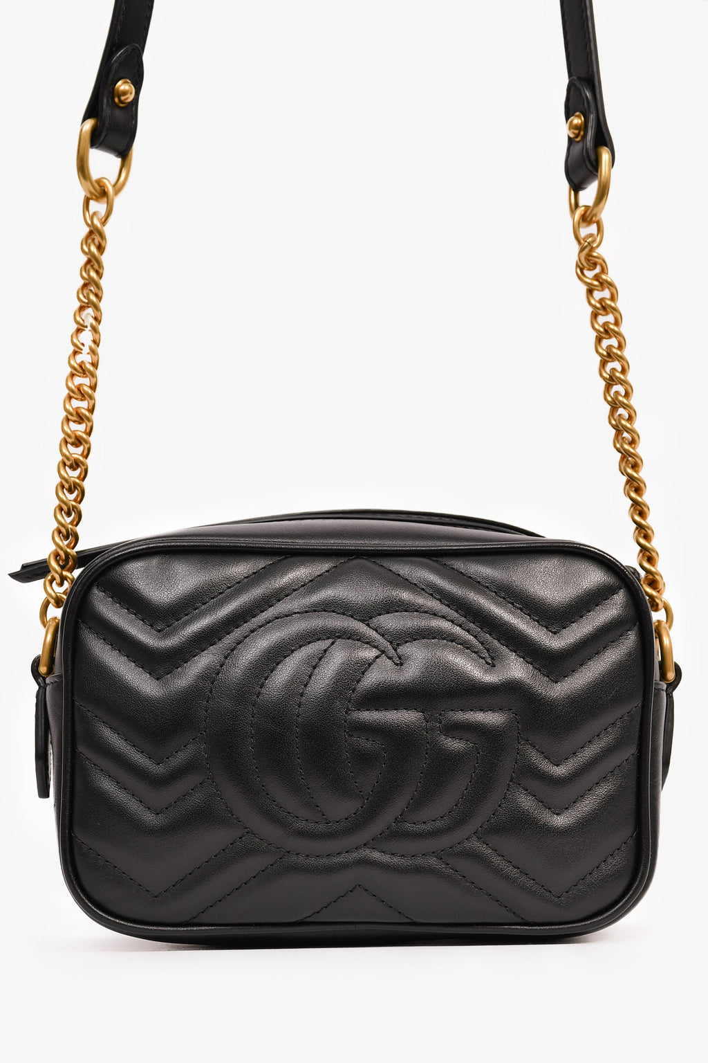 Gucci Black Leather Chevron Quilted Mini Camera Bag