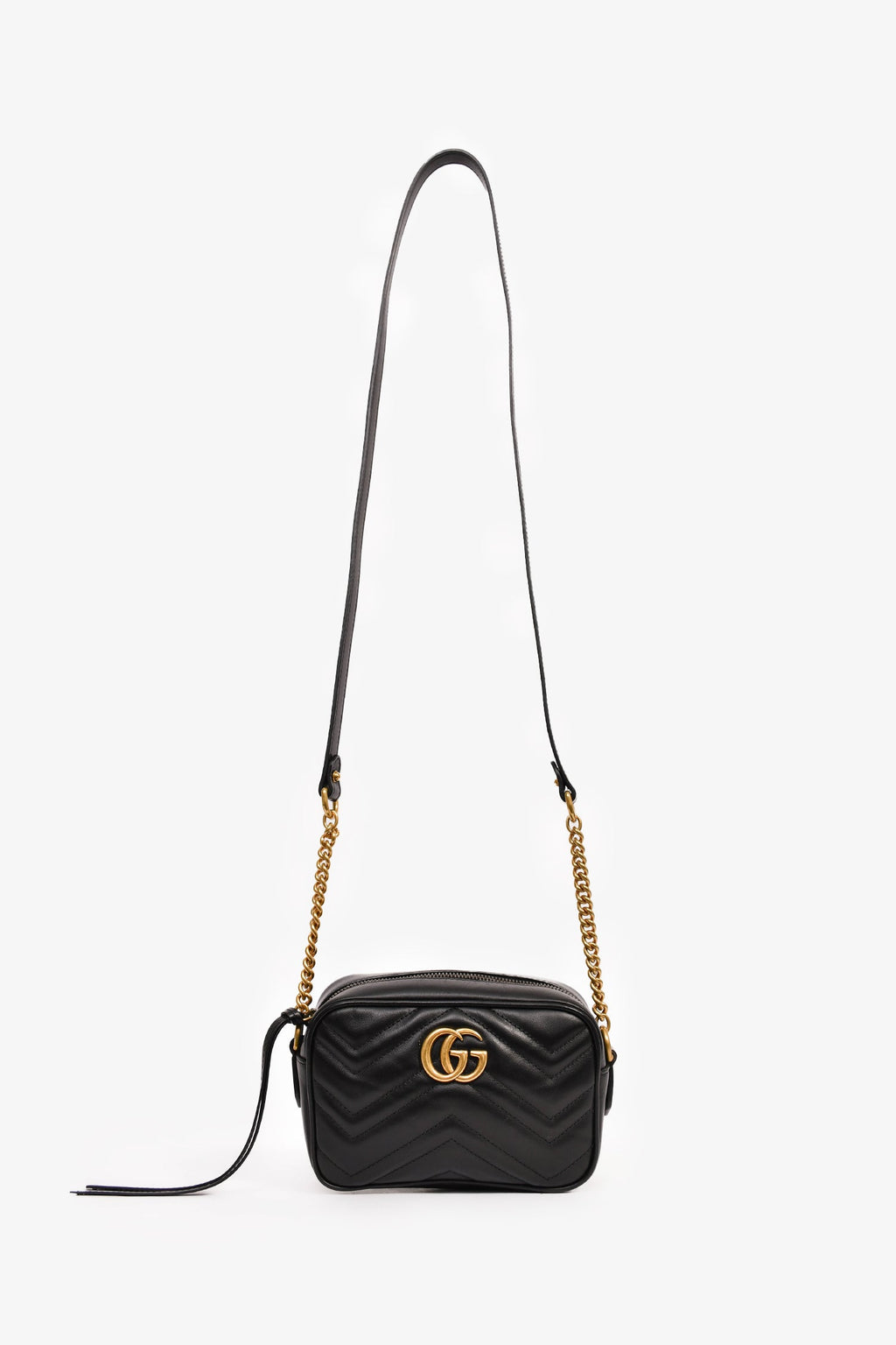 Gucci Black Leather Chevron Quilted Mini Camera Bag