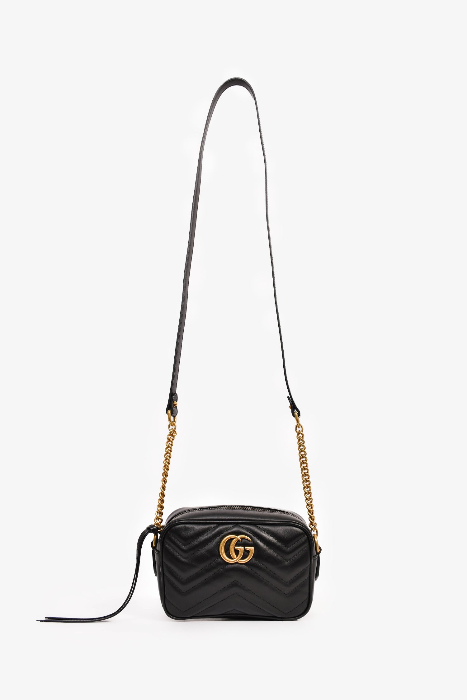 Gucci Black Leather Chevron Quilted Mini Camera Bag