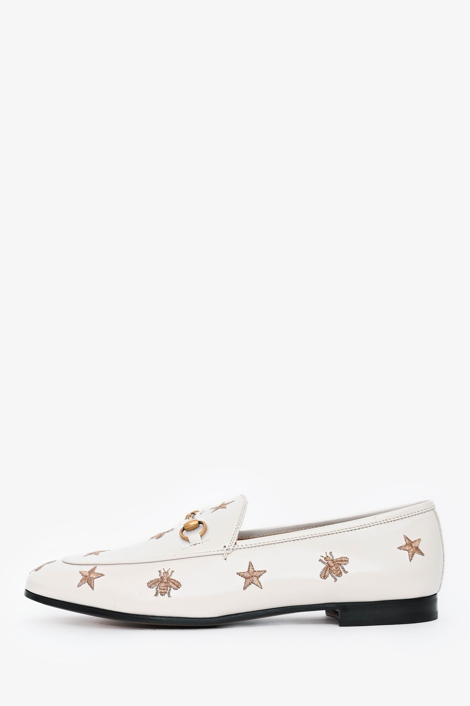 Gucci White/Gold Leather Bee Embroidered Jordan Loafers Size 42