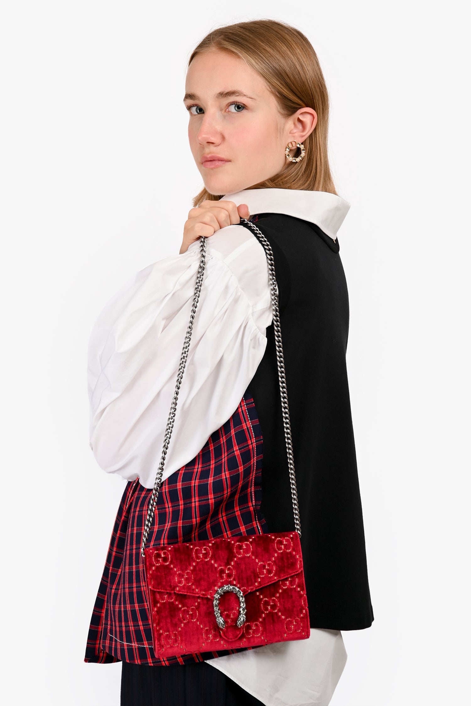 Gucci Red Velvet GG Supreme Monogram Small Dionysus Chain Shoulder Bag